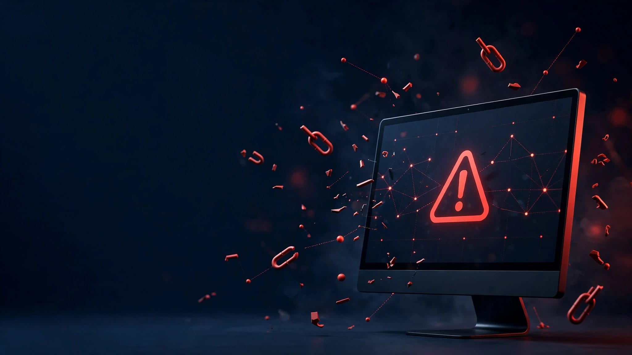 Monitor con pagina web interrotta, simbolo rosso di avviso e collegamenti spezzati.