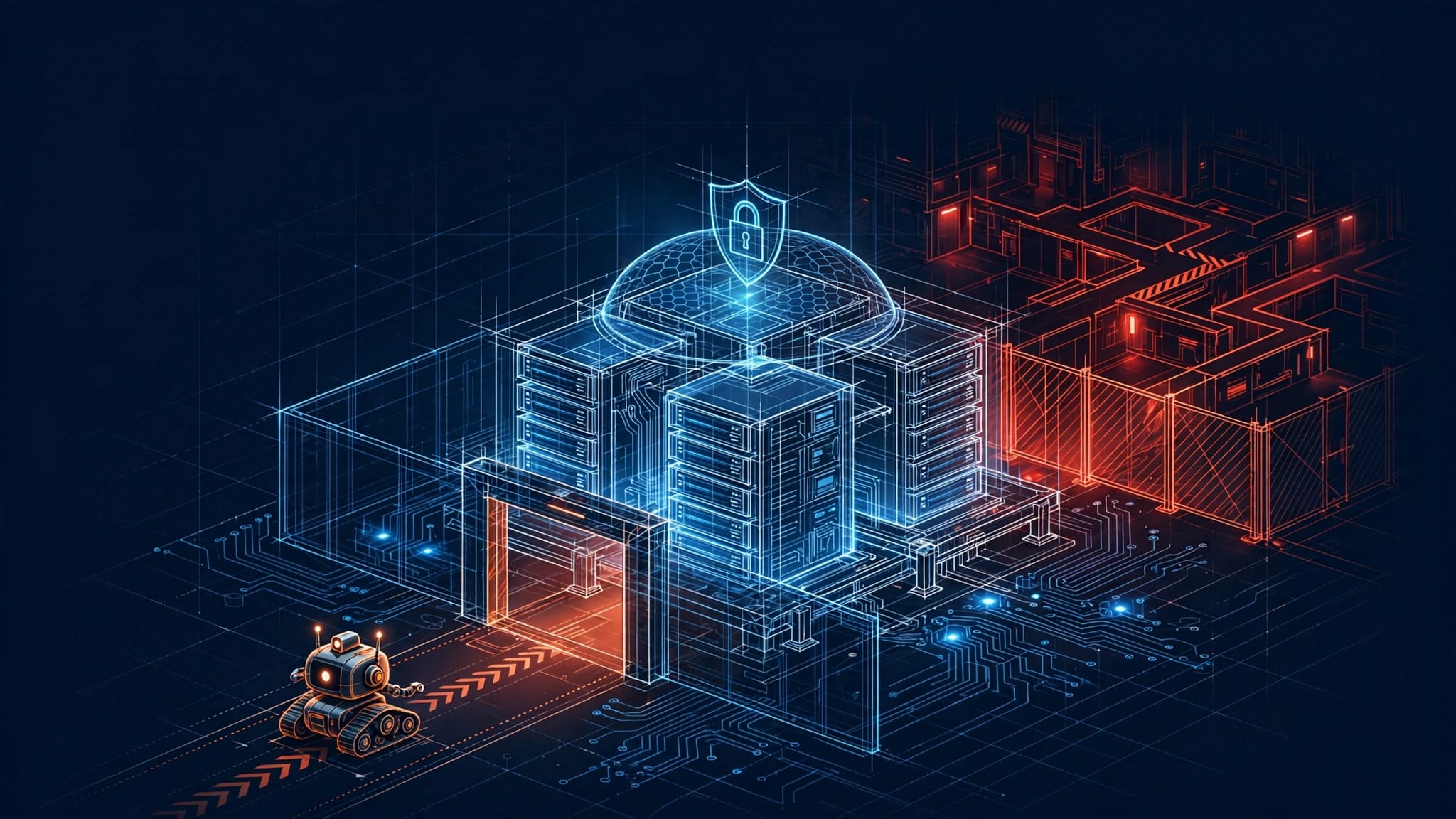 Server WordPress illuminato con crawler su un percorso aperto e aree tecniche rosse protette.