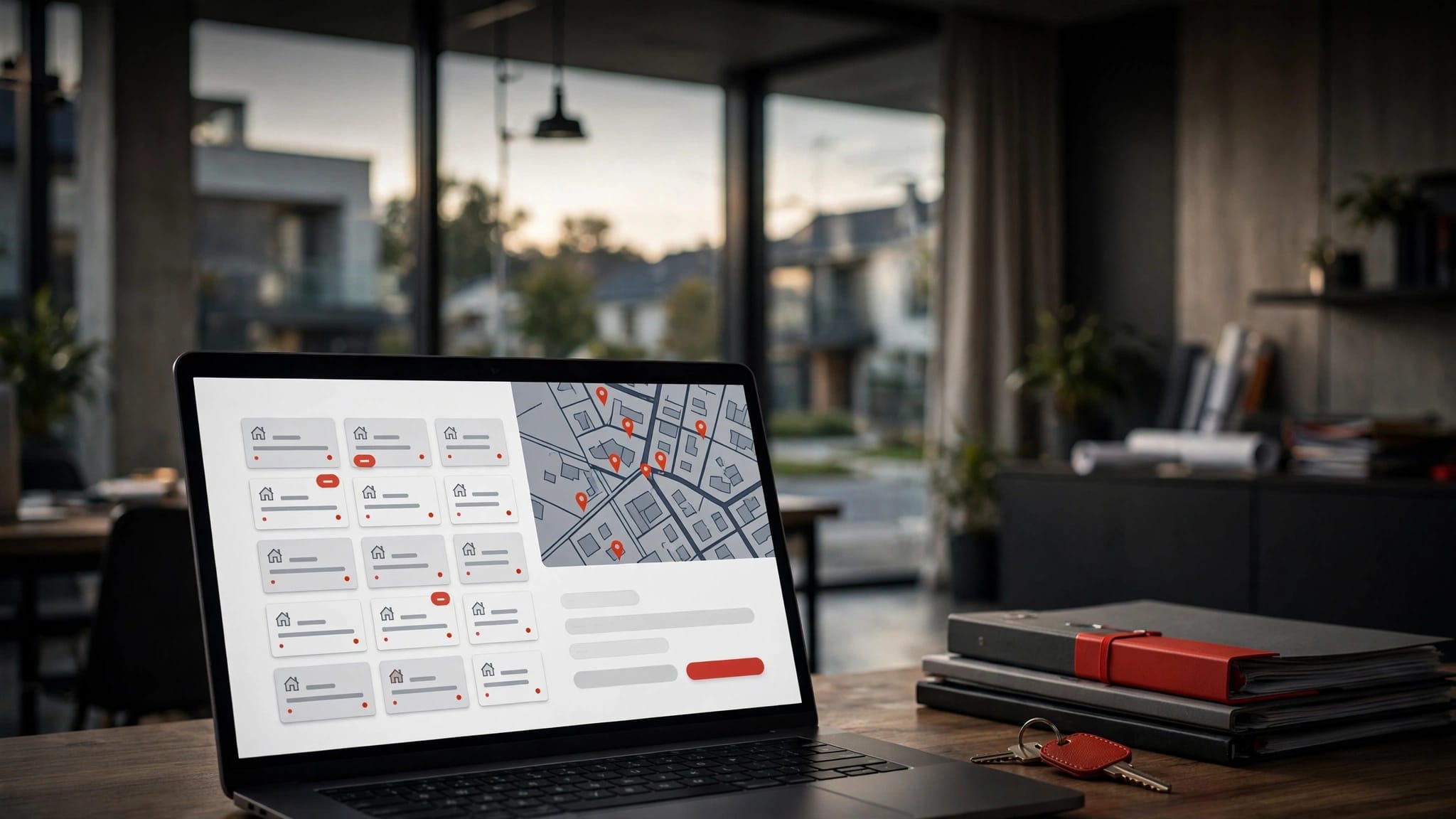 Laptop con piattaforma immobiliare, mappa, schede di case, dossier e chiave su un tavolo.
