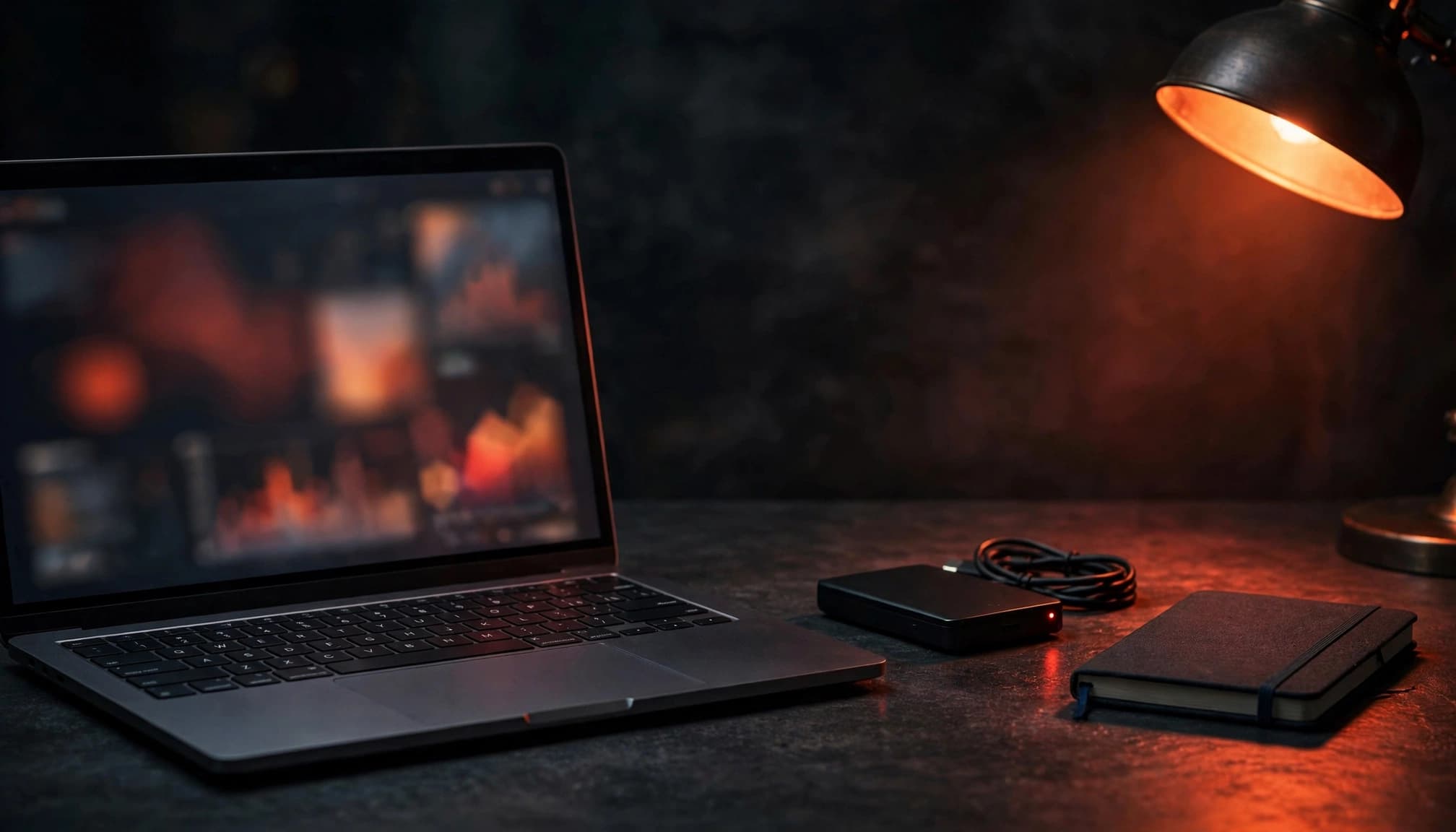 Laptop con dashboard sfocata, disco di backup e quaderno su una scrivania scura.