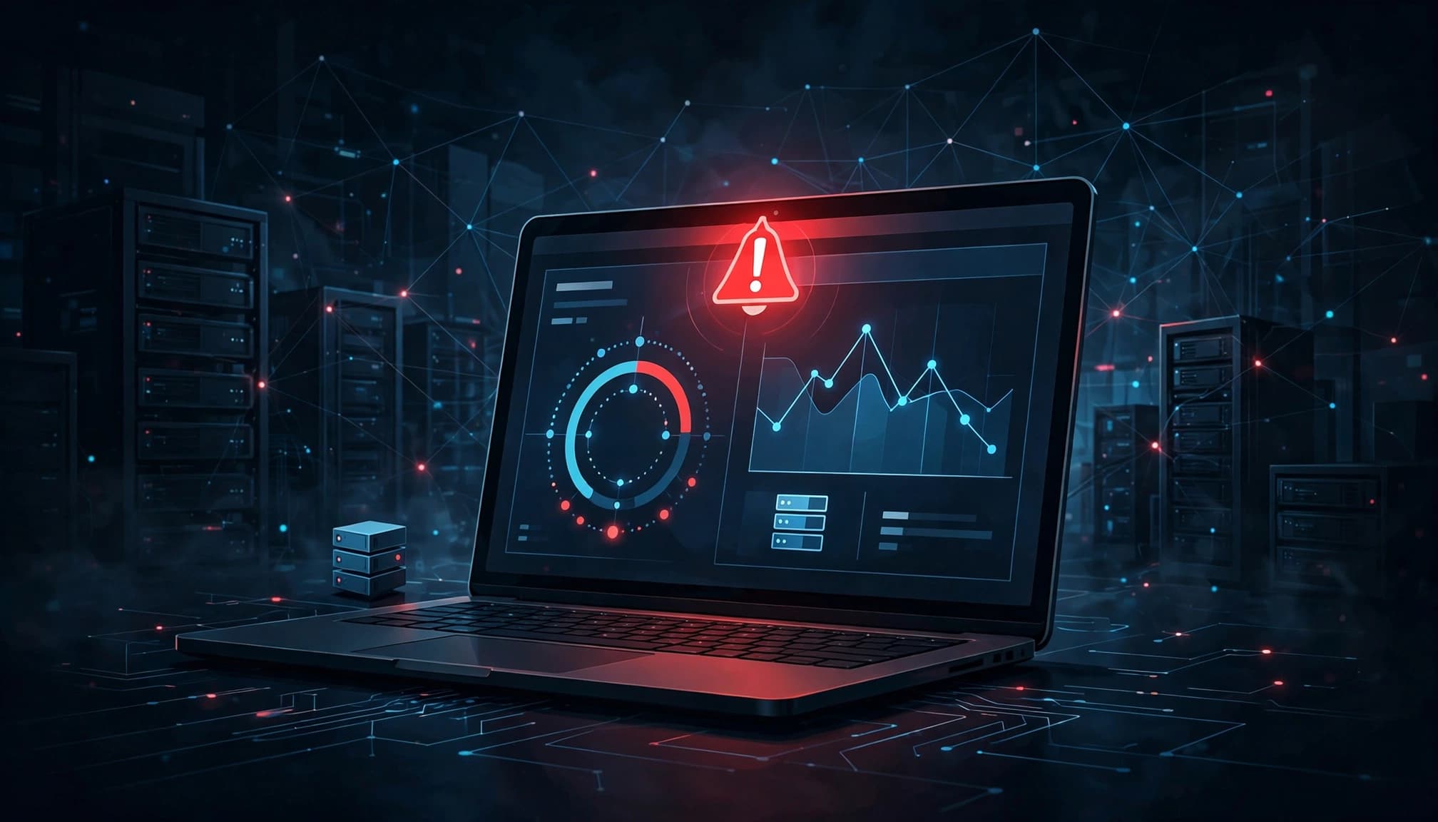 Laptop con dashboard di stato e avviso rosso.