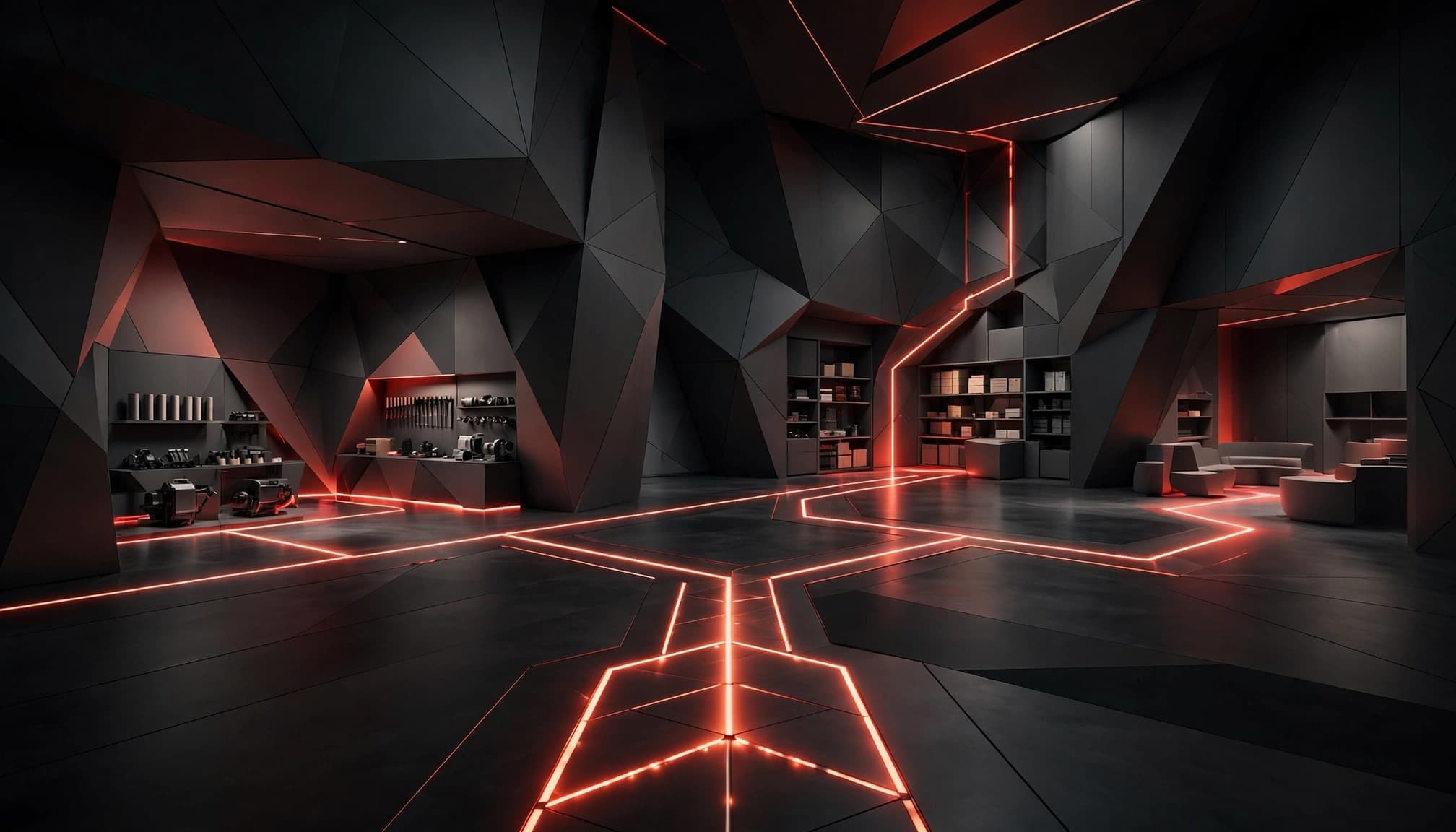 Interno scuro con un percorso rosso centrale che si divide verso tre spazi distinti.