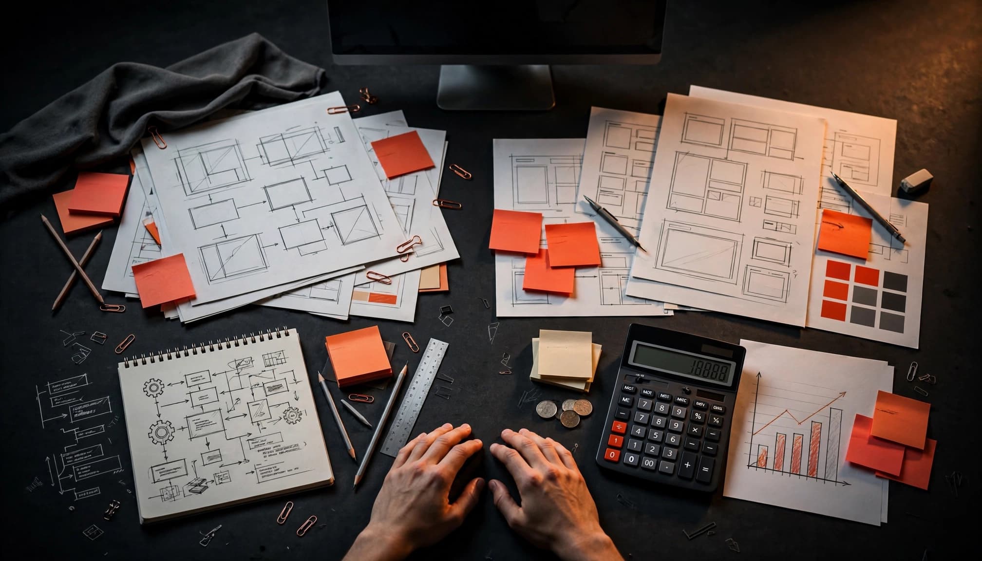 Brief, wireframe e calcolatore mostrano la pianificazione di un sito web.