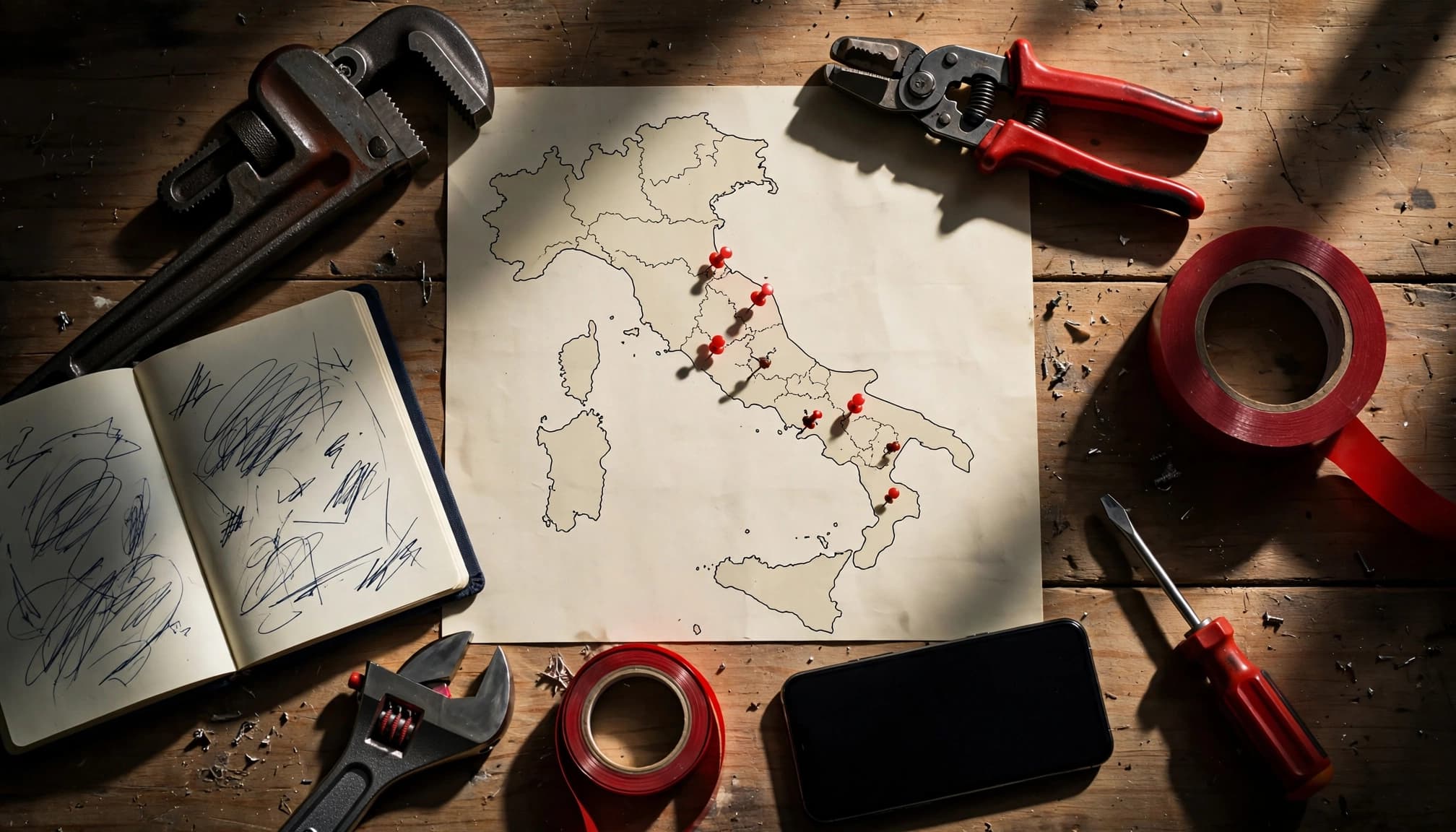 Banco da lavoro con utensili, mappa italiana, smartphone e taccuino.