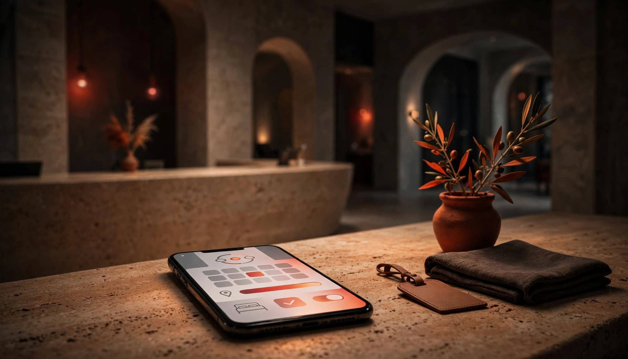 Smartphone con prenotazione astratta su un banco d'albergo.