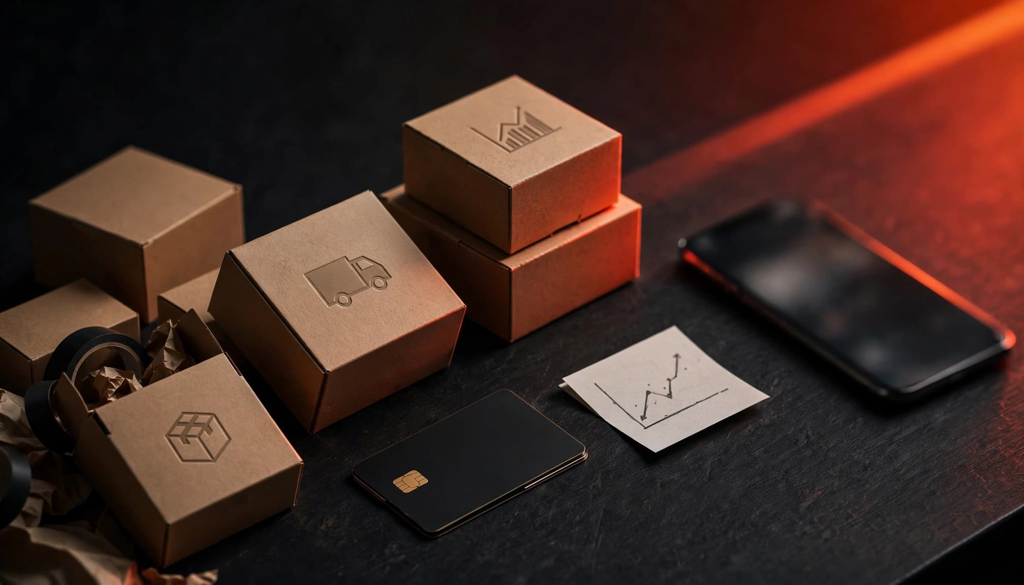 Scatole prodotto, smartphone, carta di pagamento e grafico su un tavolo scuro con luce rossa.