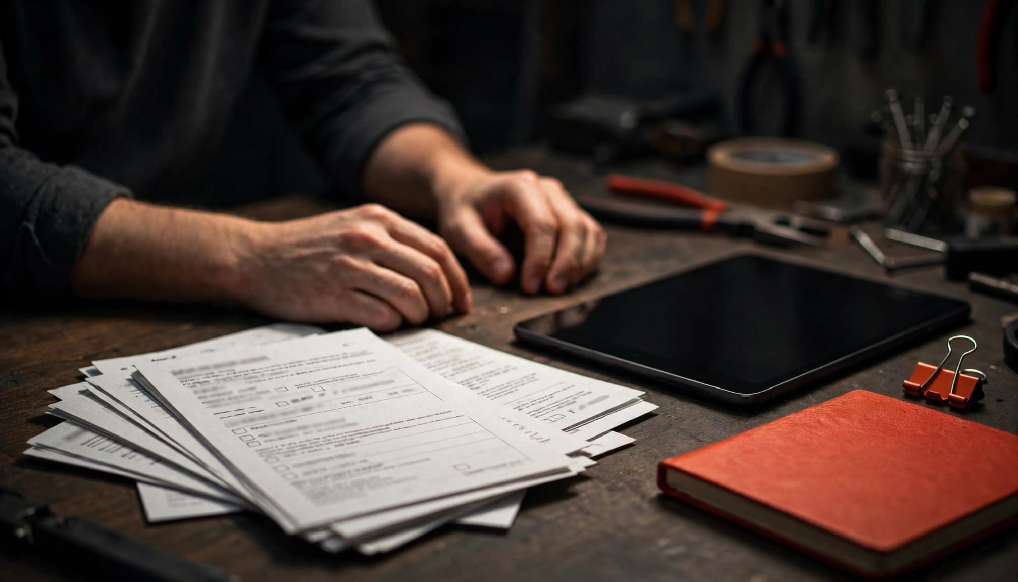 Un imprenditore esamina feedback cartacei e un tablet su un bancone.
