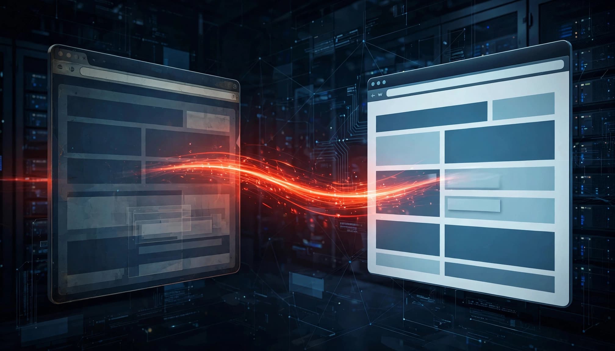 Due finestre browser collegate da un percorso rosso, dal vecchio sito alla nuova pagina.