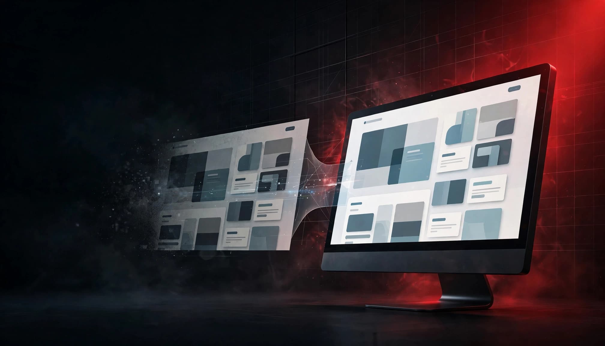 Monitor con un vecchio layout che sfuma in un moderno redesign del sito.