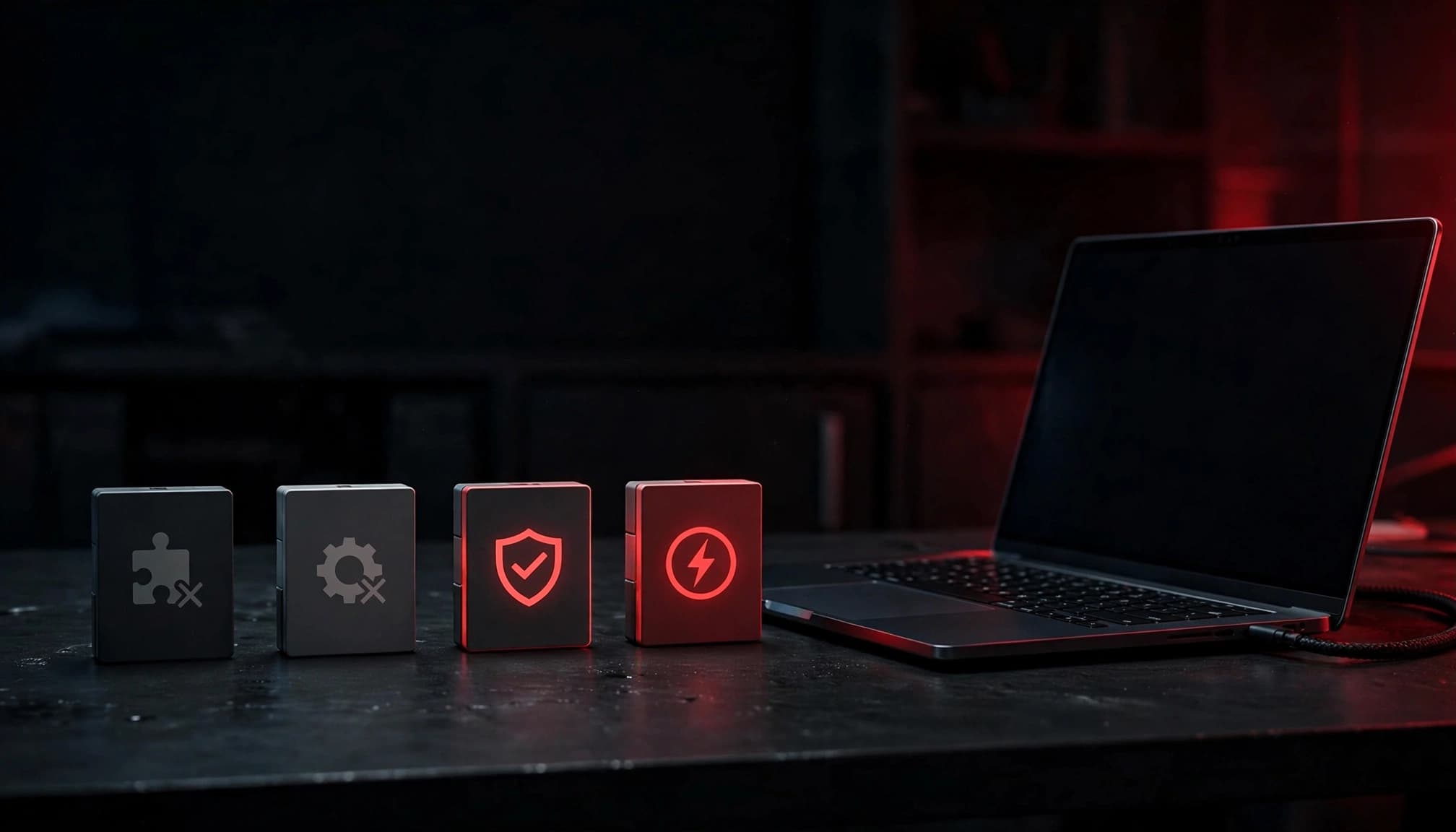 Un laptop e moduli essenziali o superflui su una scrivania scura.