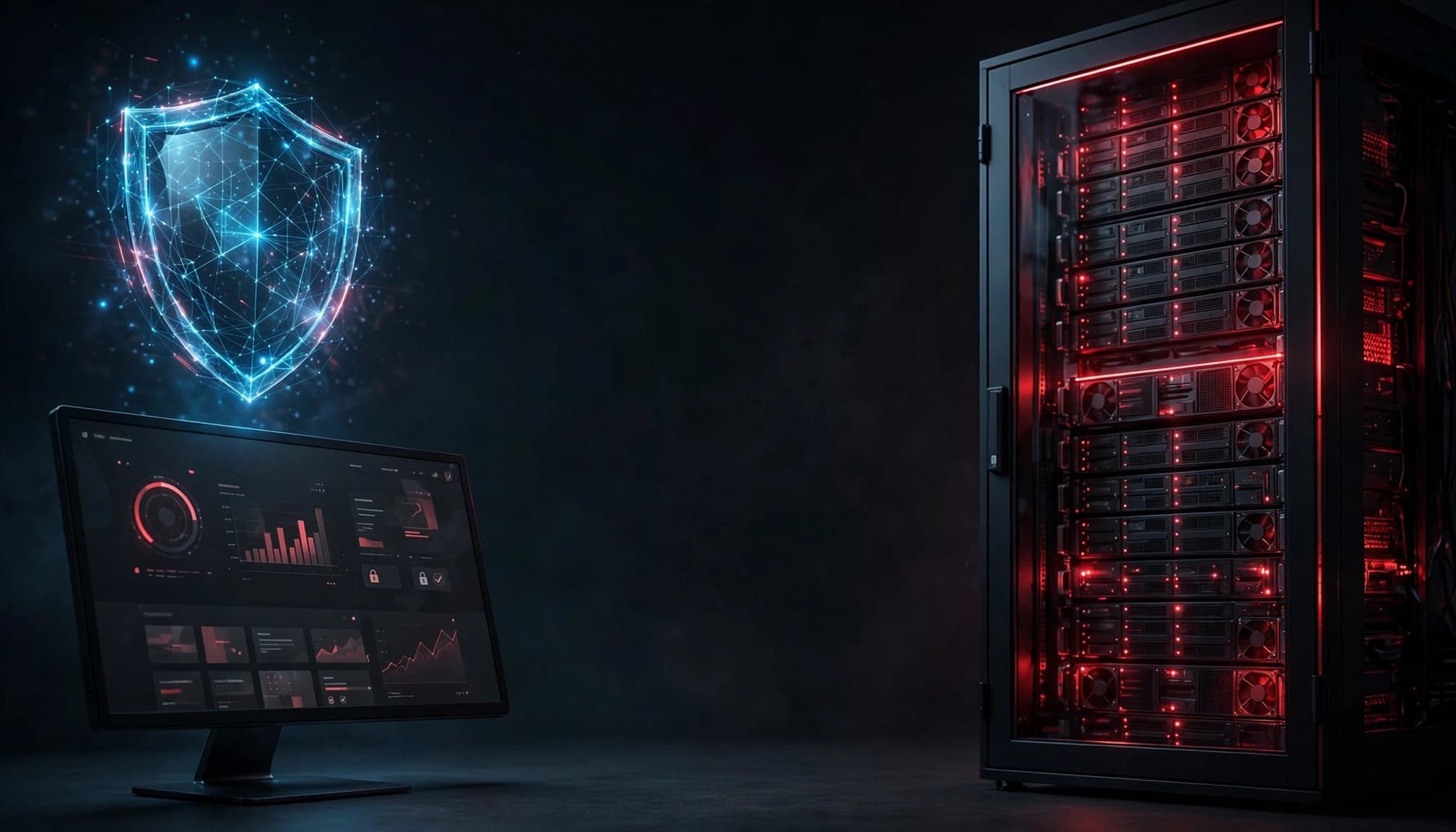 Rack server moderno e monitor con scudo luminoso in uno studio scuro.
