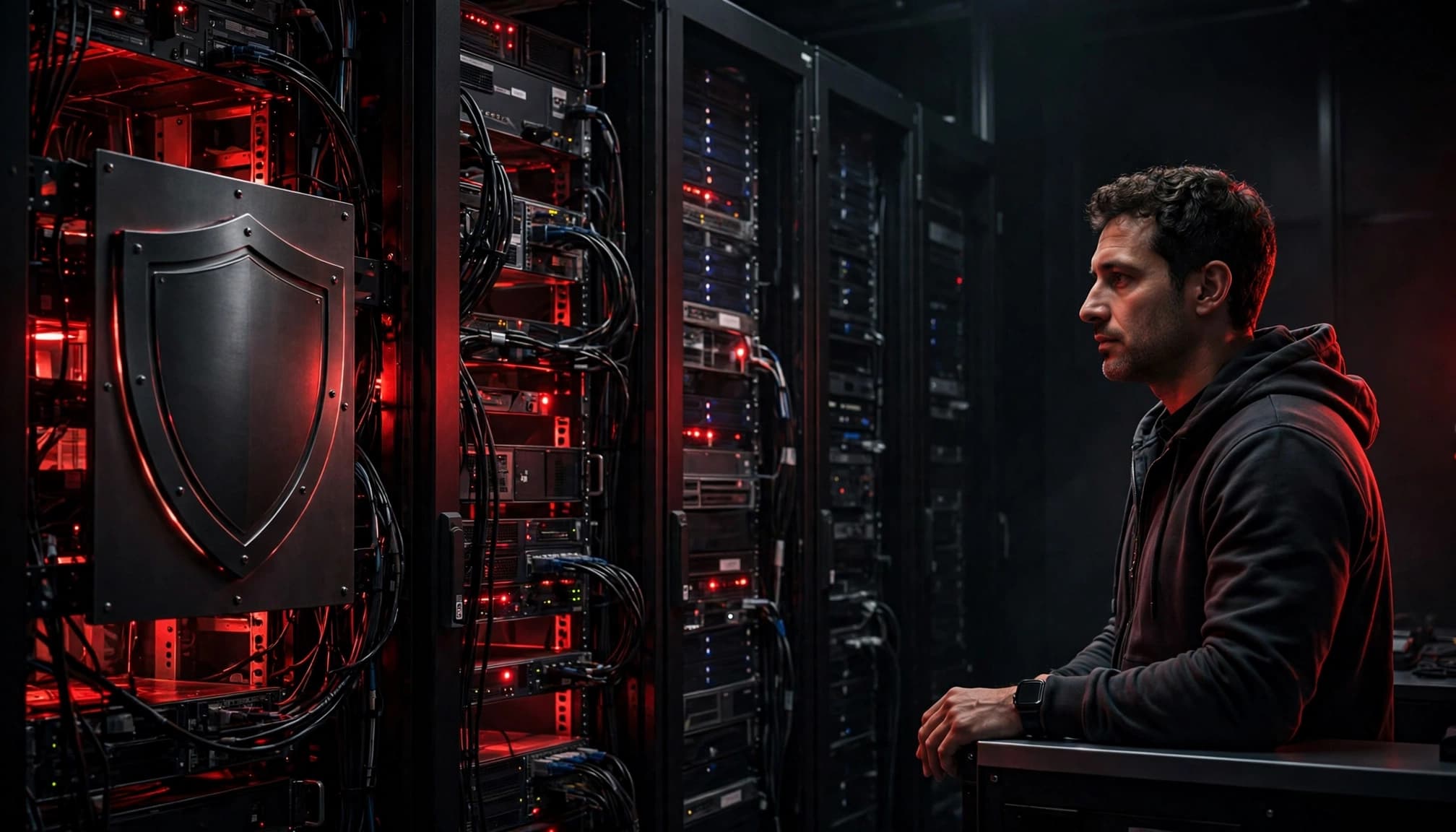 Un amministratore controlla un terminale accanto a server e pannello metallico a forma di scudo.