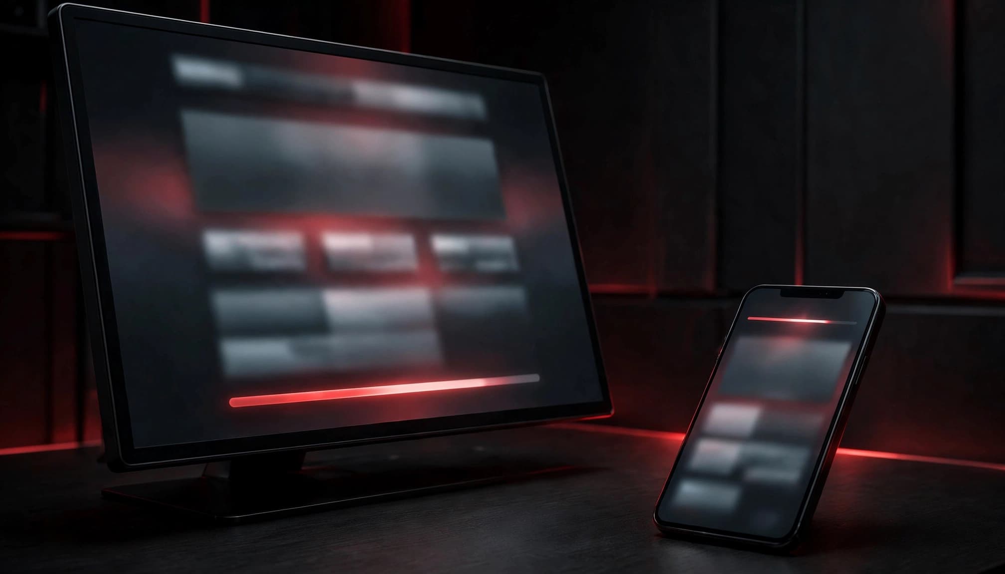 Smartphone e monitor mostrano layout web sfocati con un indicatore di caricamento rosso.