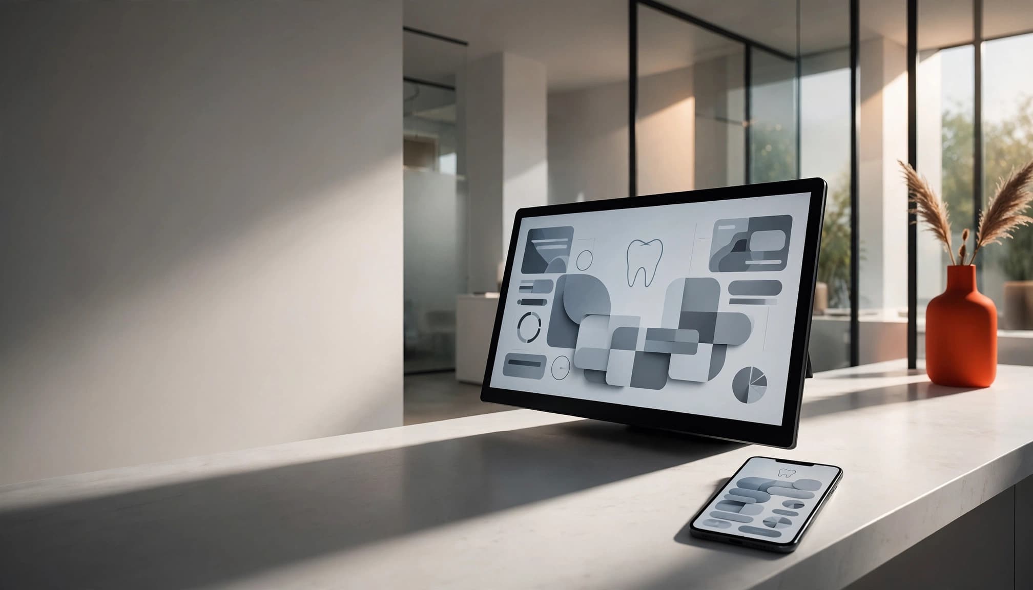 Monitor e smartphone con interfacce astratte su un bancone bianco di studio dentistico.