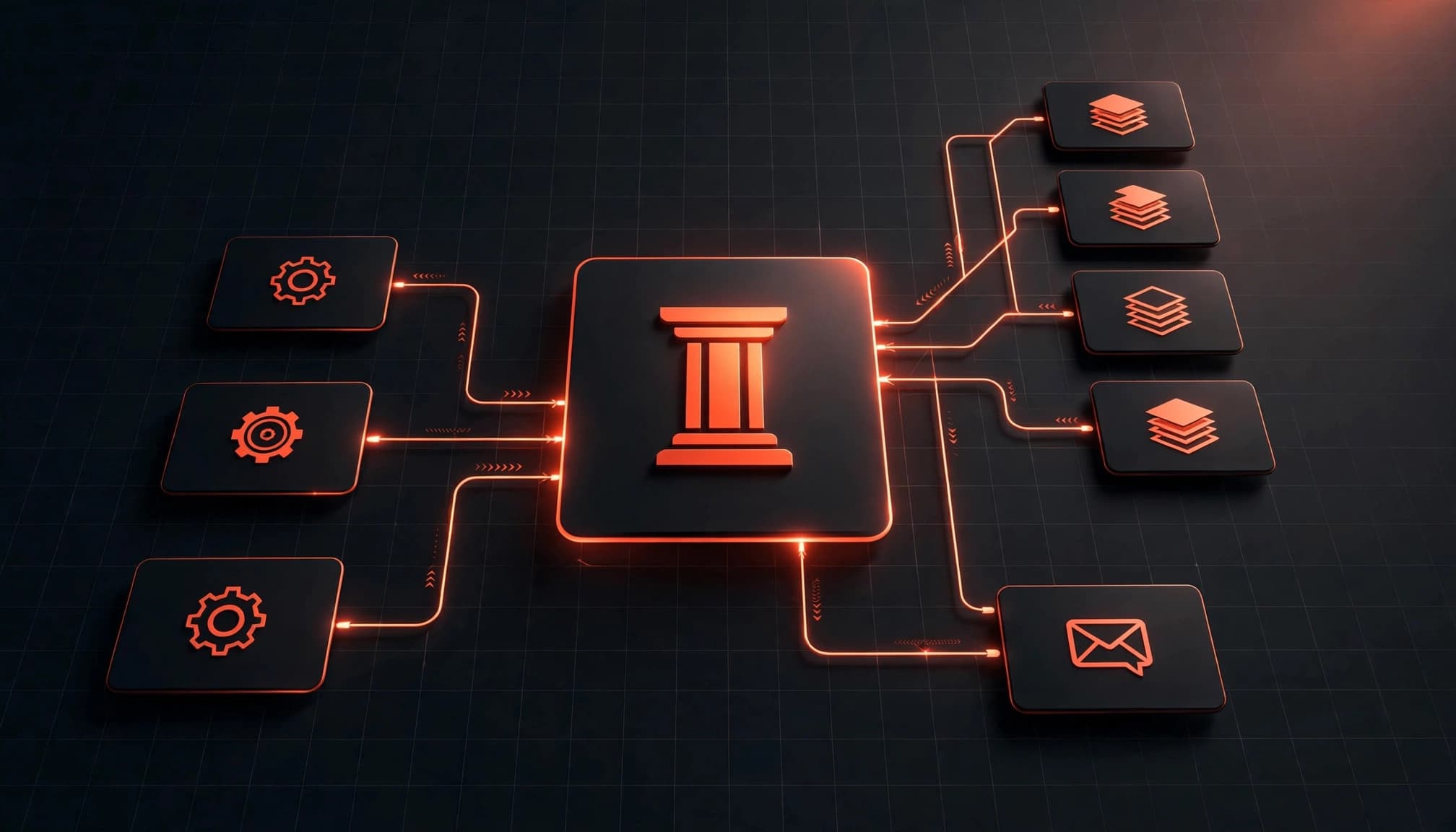 Diagramma scuro con una pagina centrale collegata a servizi, articoli e contatti.