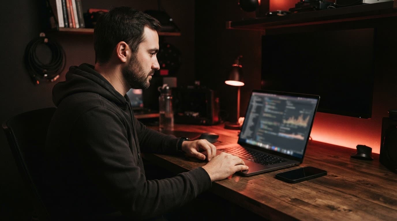 Sviluppatore web al laptop con smartphone accanto, in uno studio scuro illuminato da una luce rossa.