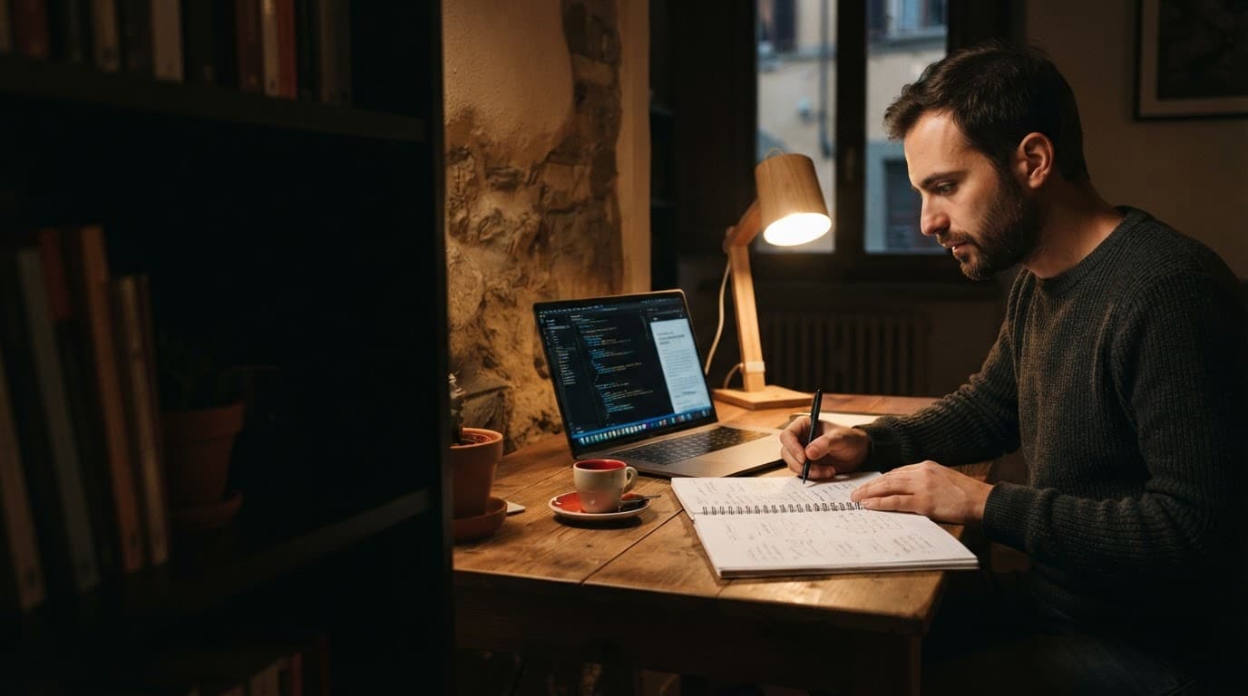 Uno sviluppatore freelance lavora al laptop con fogli di pianificazione su una scrivania ordinata.