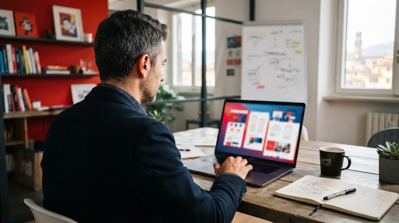 Una titolare d'impresa osserva un laptop accanto a documenti di progetto in un ufficio luminoso.