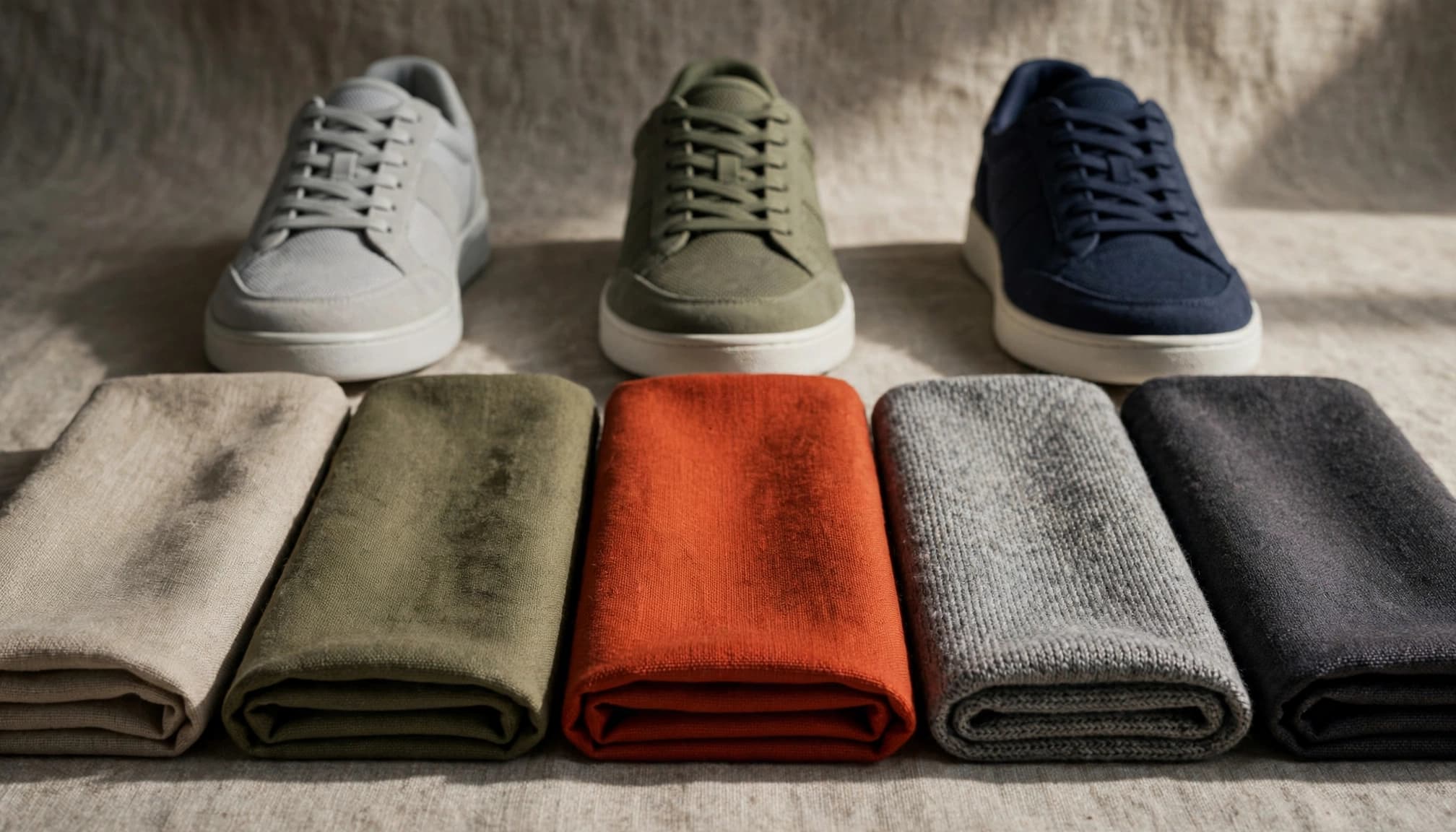 Tre sneaker colorate disposte dietro campioni di tessuto.