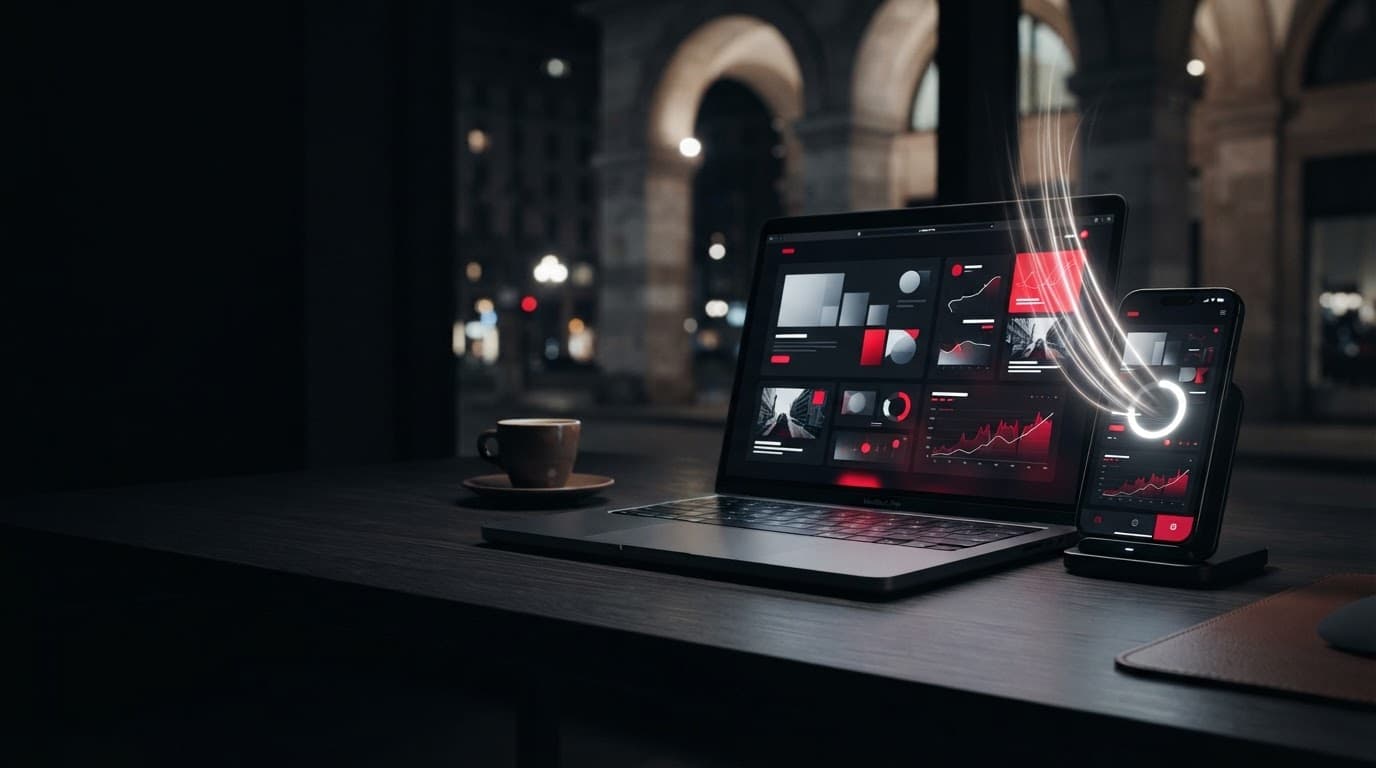 Laptop e smartphone mostrano la stessa esperienza web su una scrivania scura.