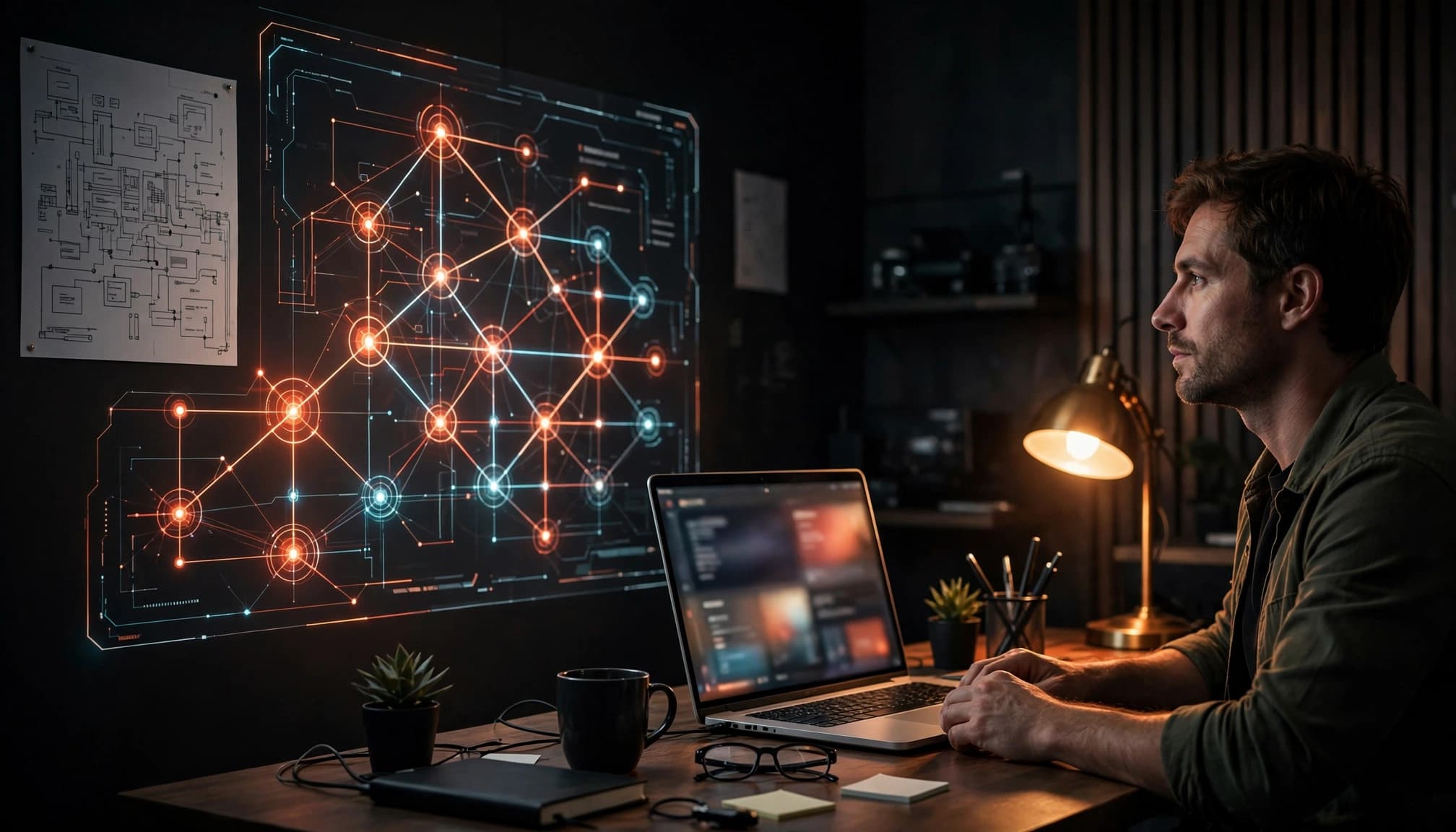 Persona al laptop mentre controlla una struttura del sito e un diagramma server illuminato.