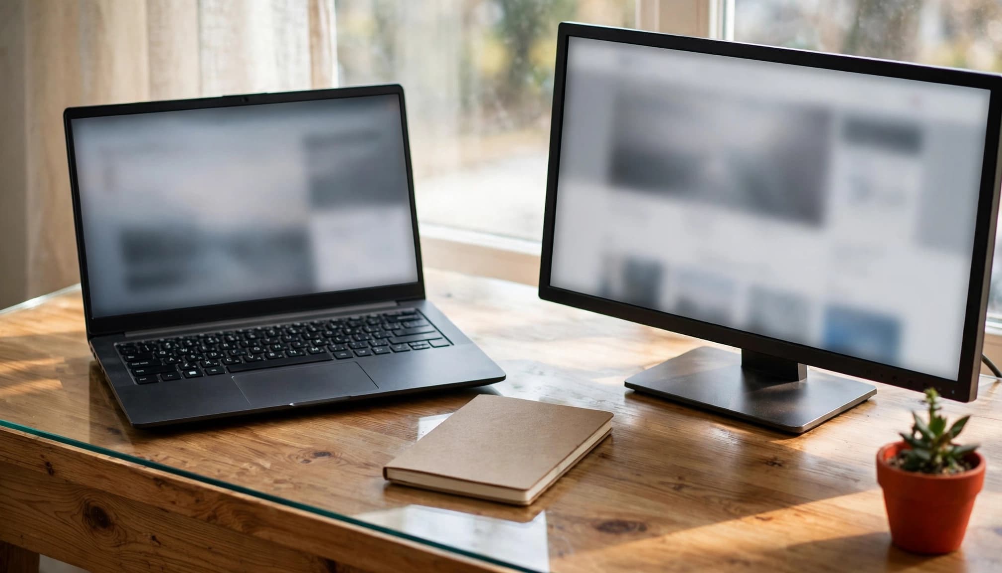 Un computer portatile, un secondo monitor e un taccuino su una scrivania in legno.