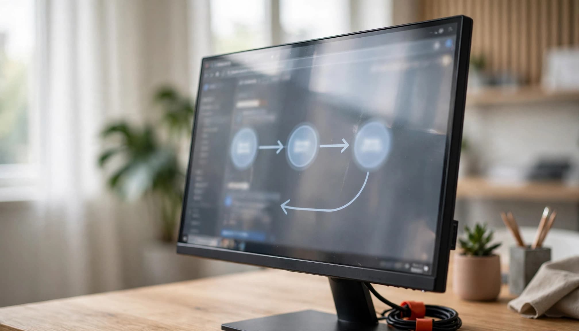 Un monitor su una scrivania mostra un diagramma a flusso con tre nodi.
