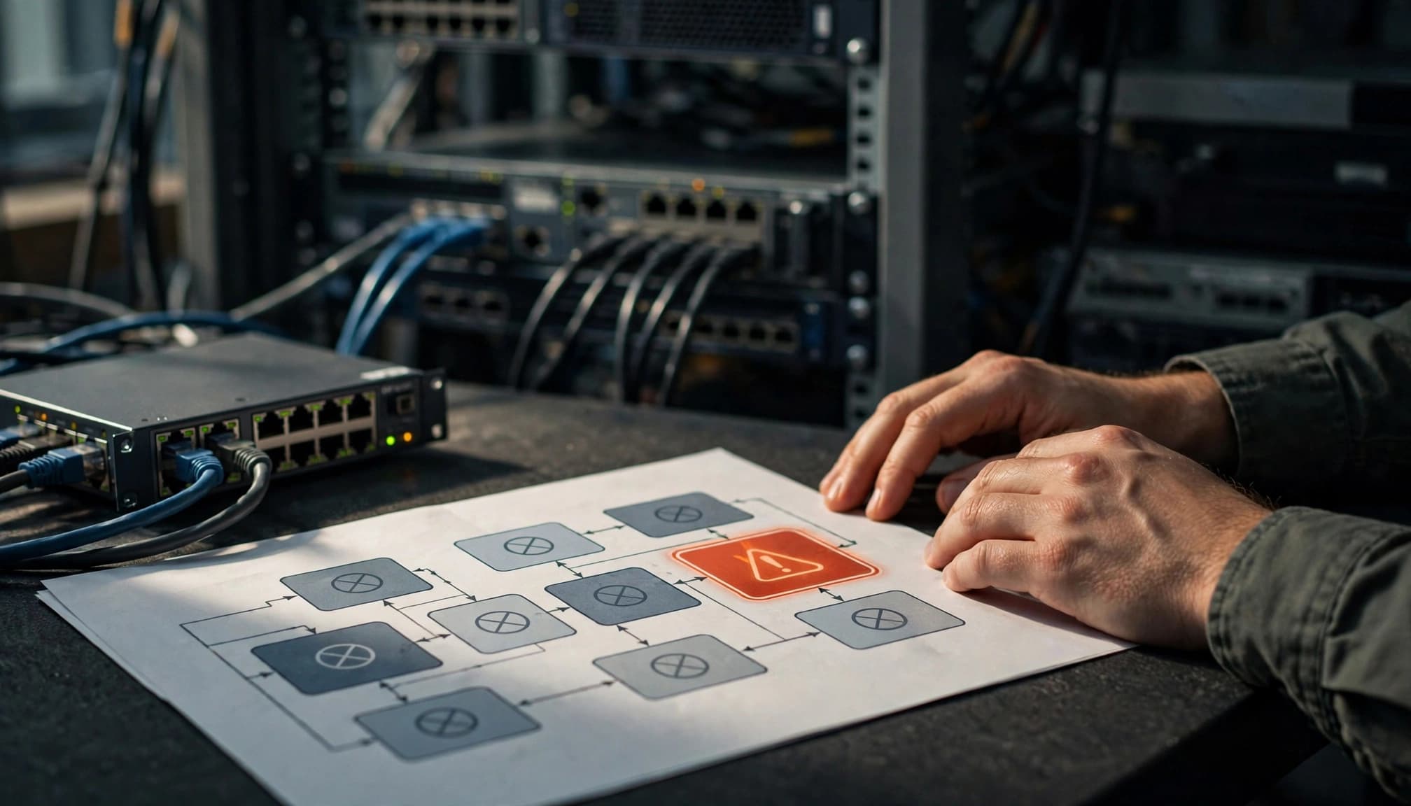 Due mani poggiano su un tavolo vicino a uno switch di rete e a un diagramma con blocchi.