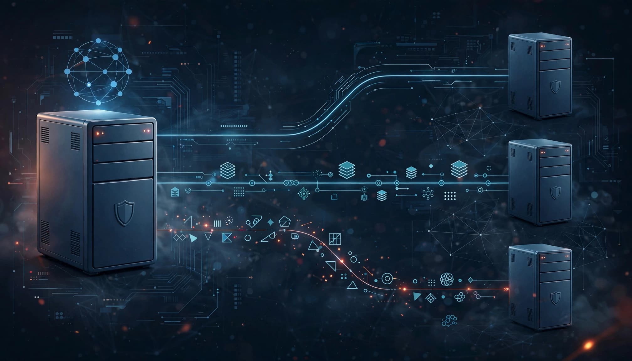 Illustrazione tecnica di server e percorsi di rete sicuri con simboli astratti.