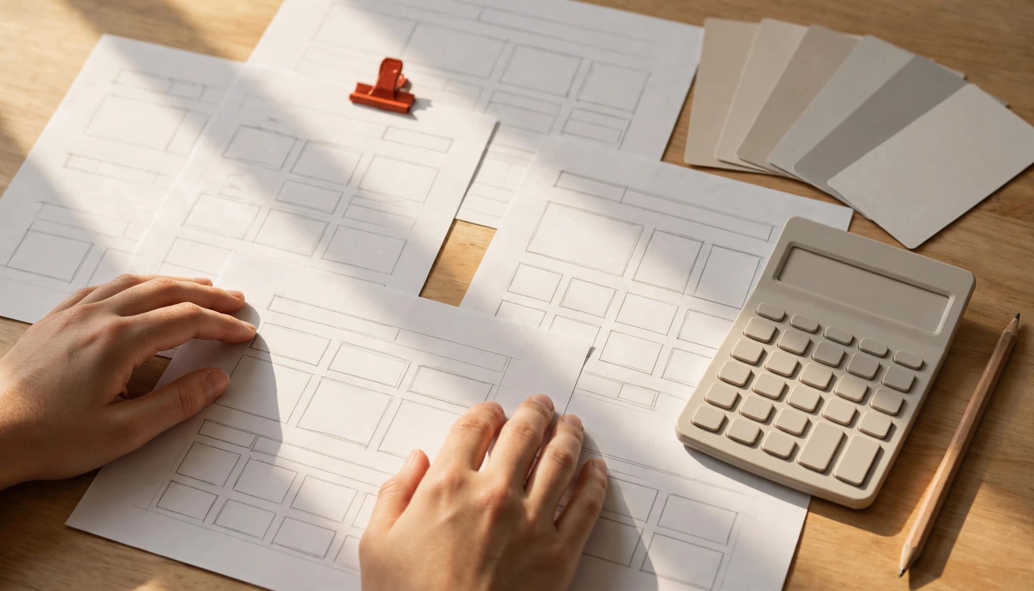 Due mani appoggiate su fogli di wireframe su un tavolo.