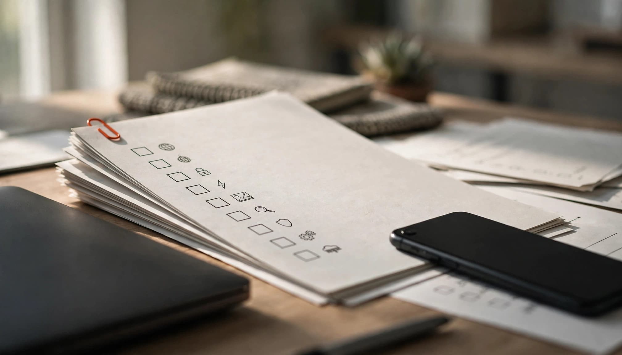 Fogli di checklist con caselle e simboli, smartphone e laptop su scrivania.