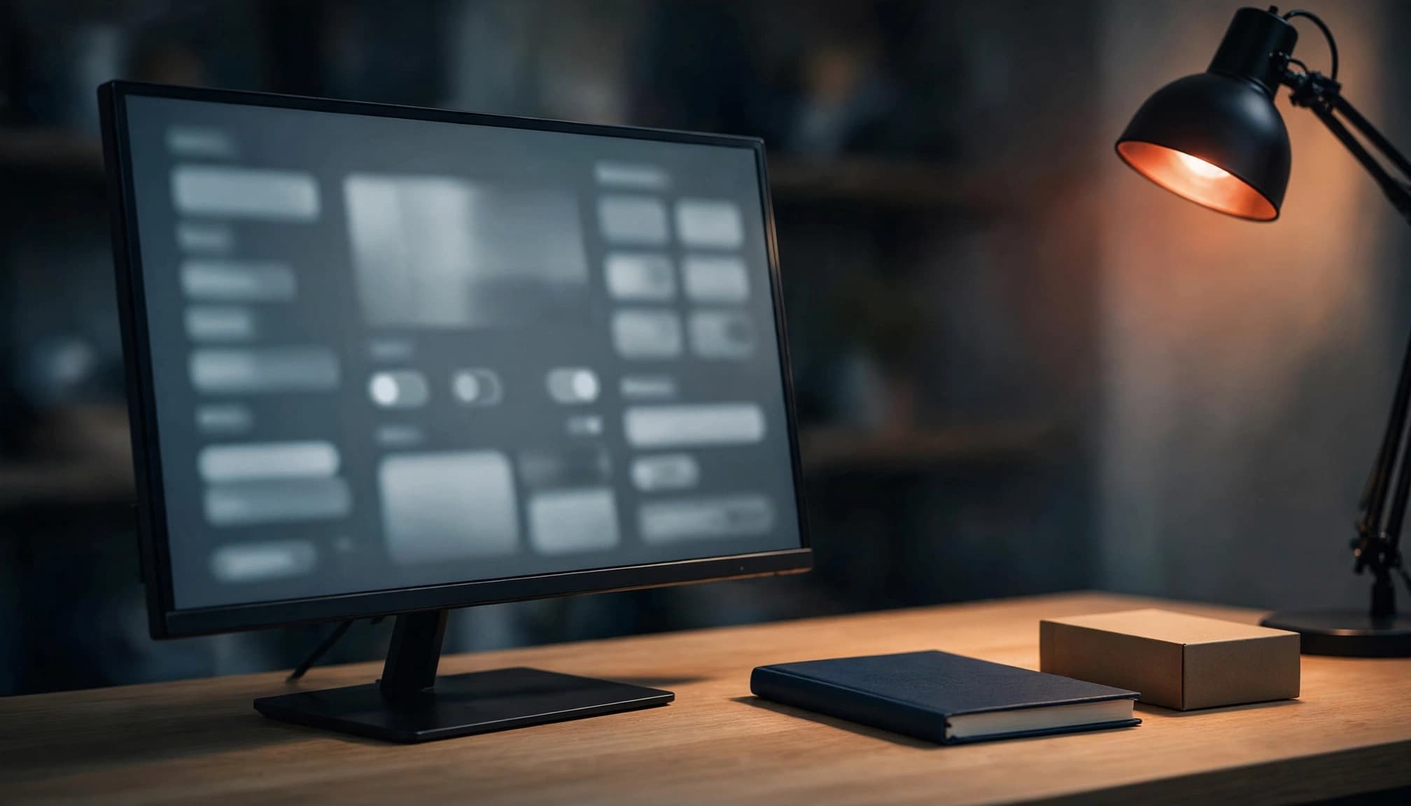 Monitor su scrivania con schermata sfocata, un quaderno chiuso, una scatola e una lampada.
