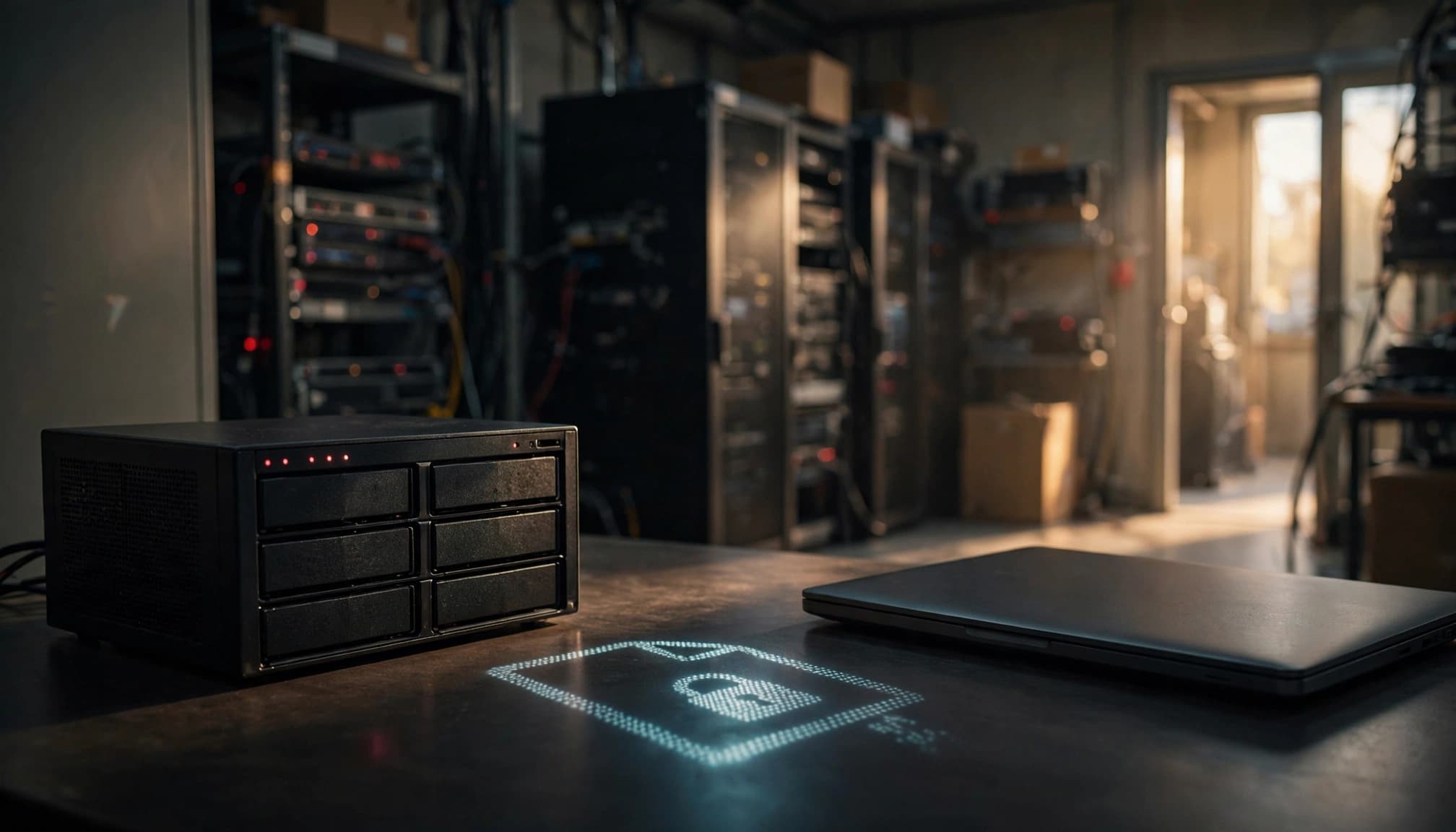 Un portatile chiuso e un dispositivo di rete davanti a server illuminati da spie rossastre.
