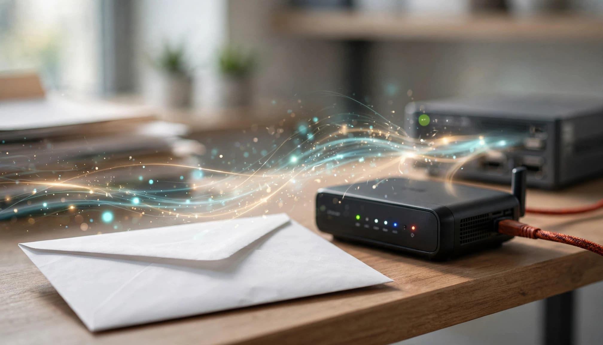 Una busta bianca da lettera accanto a un router di rete su una scrivania di legno.