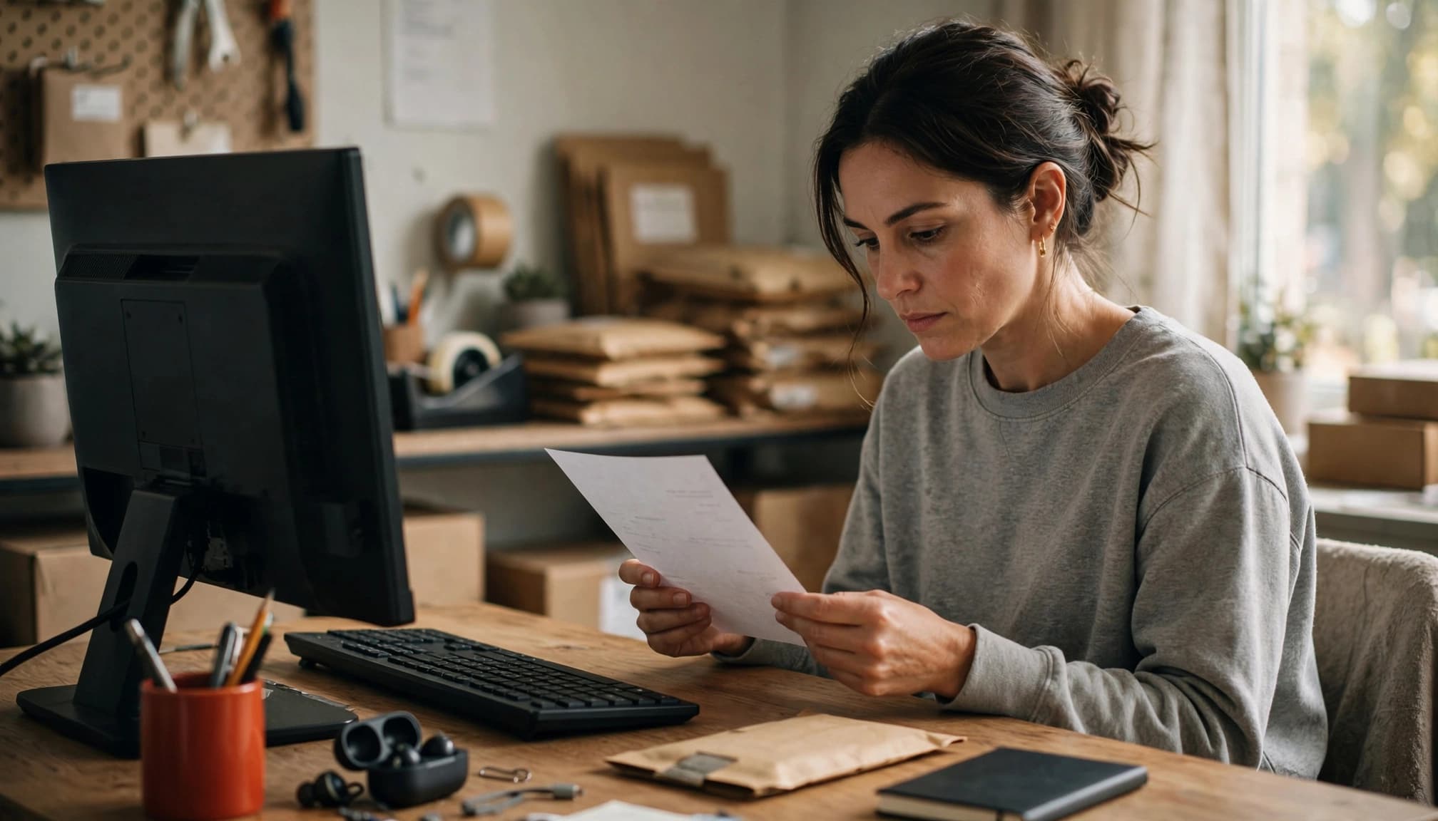 Una donna alla scrivania legge un documento cartaceo accanto a un computer.