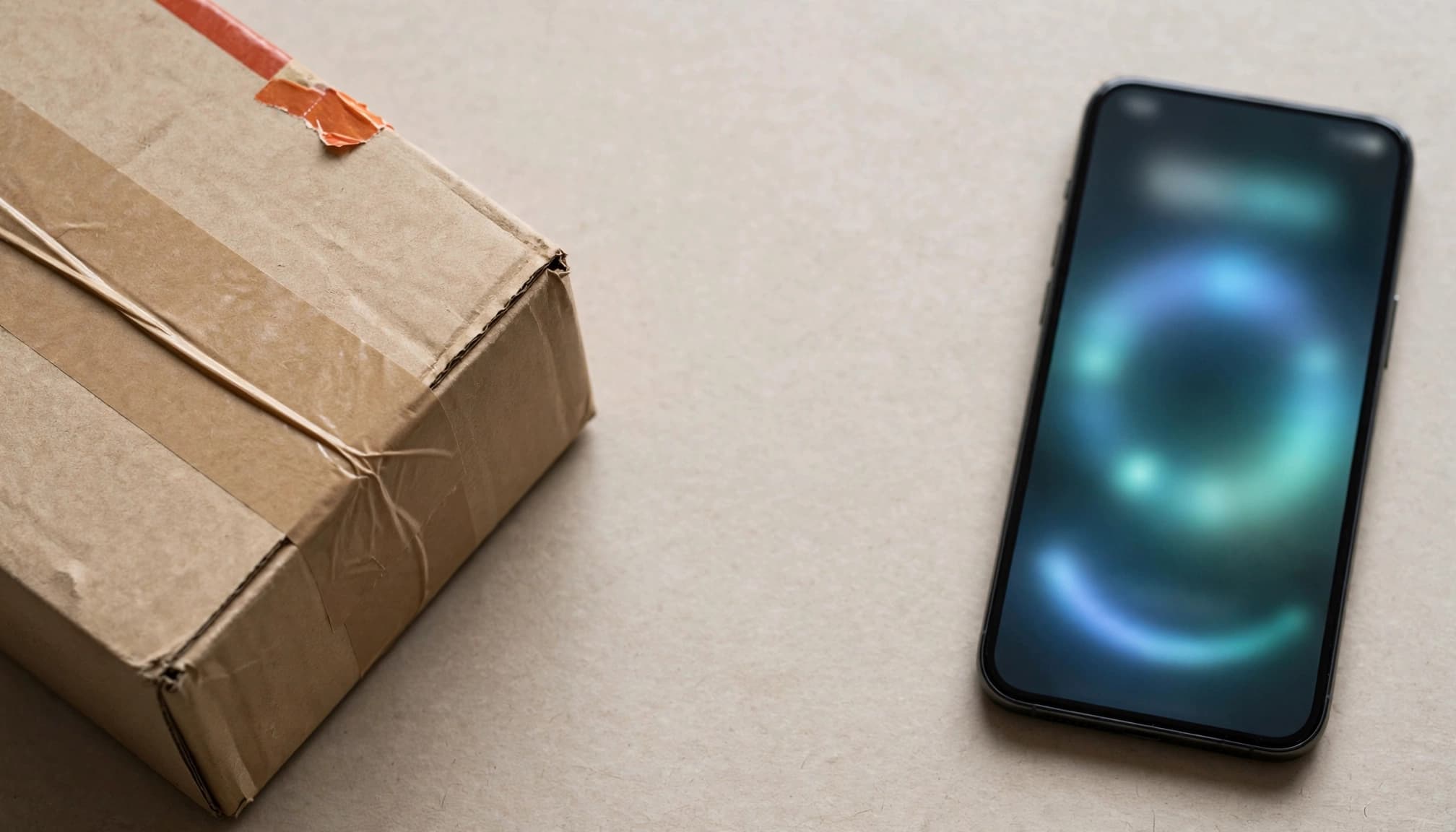 Un pacco di cartone sigillato e uno smartphone con schermo luminoso su un tavolo.