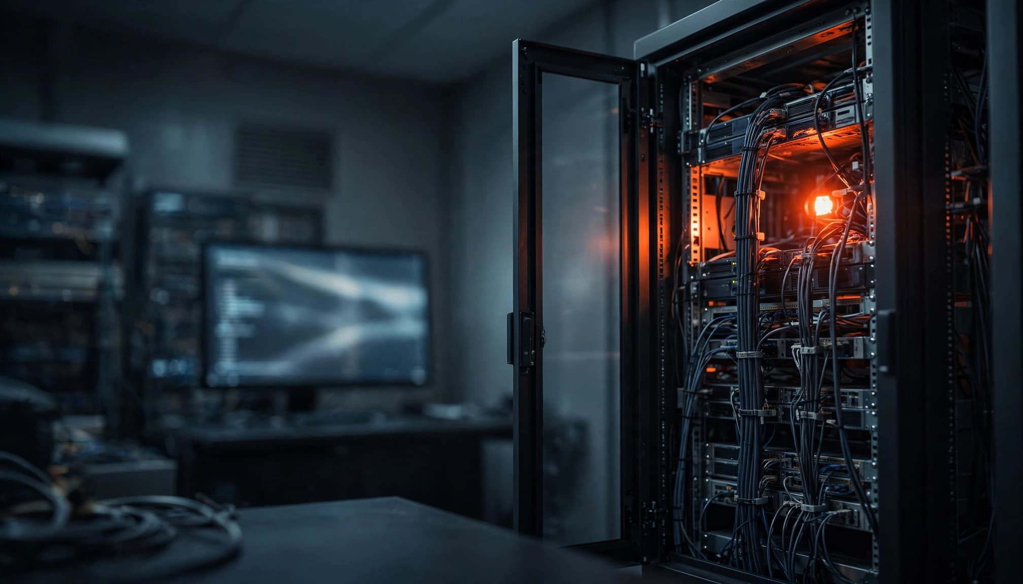 Un armadio rack per server aperto con cavi e una luce arancione brillante, con un monitor sfocato sullo sfondo.