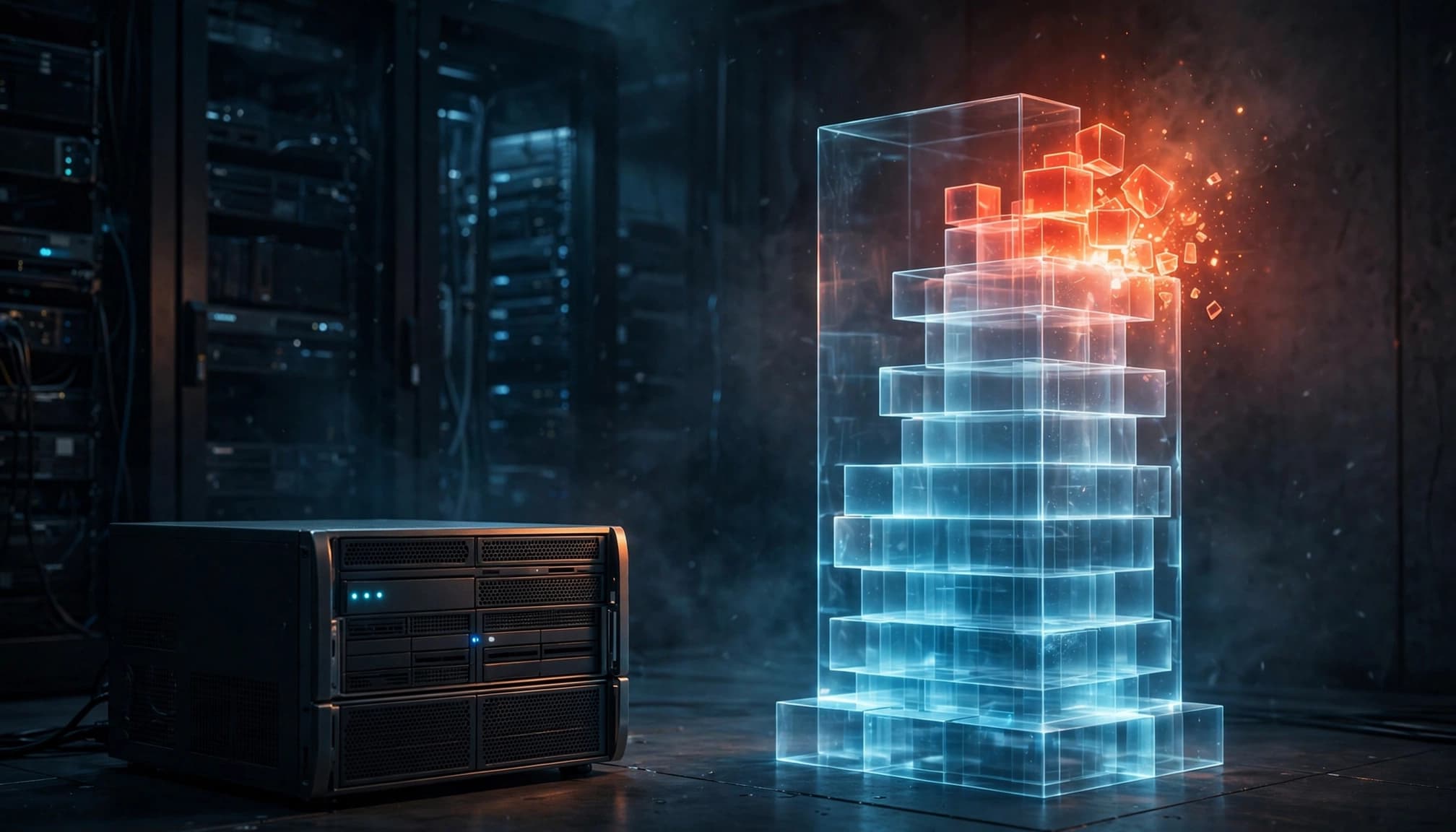 Un server in un centro dati accanto a una torre di blocchi luminosi blu e rossi.
