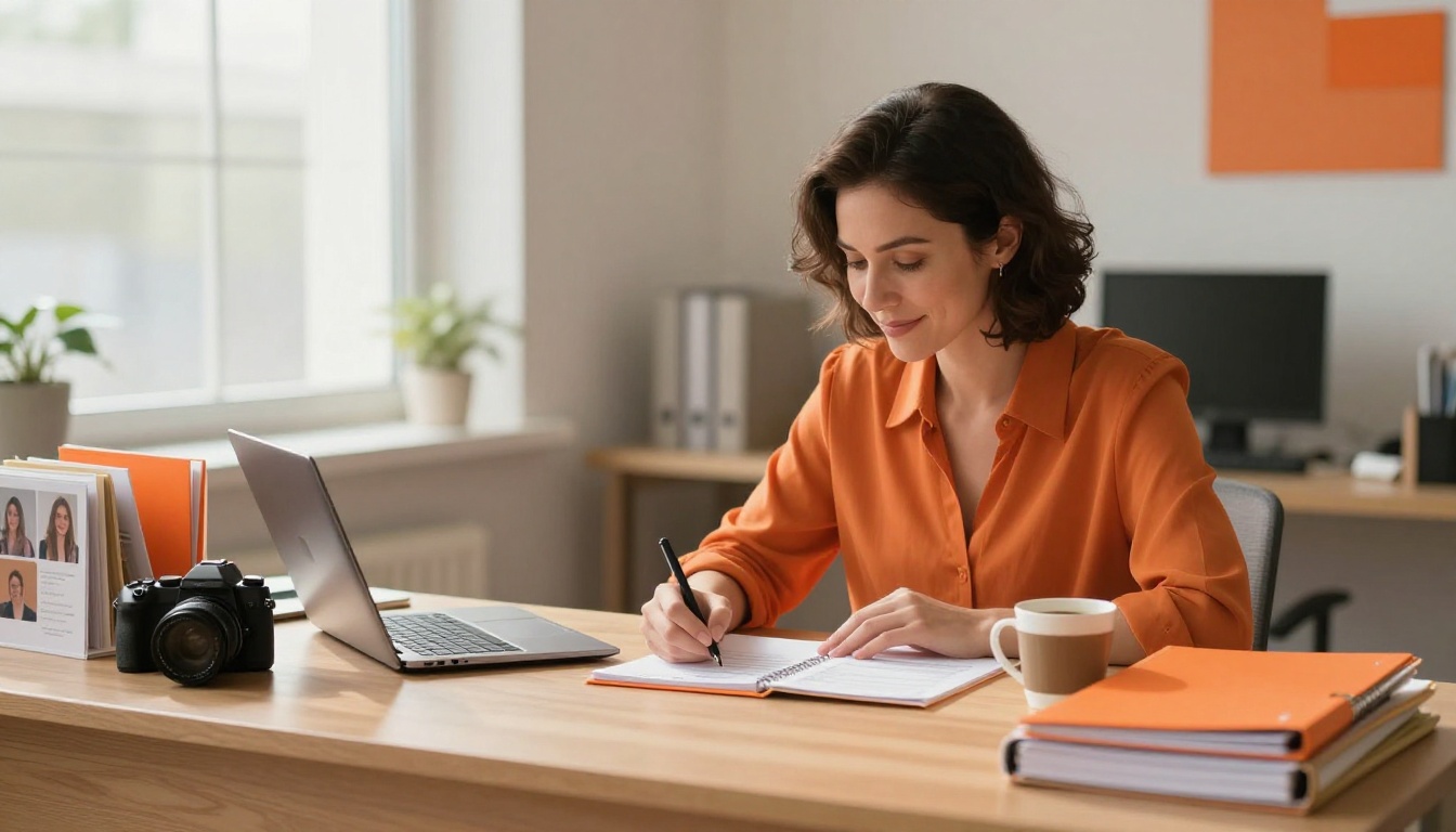 Una donna compila una checklist alla scrivania accanto a un laptop e alcune cartelle.