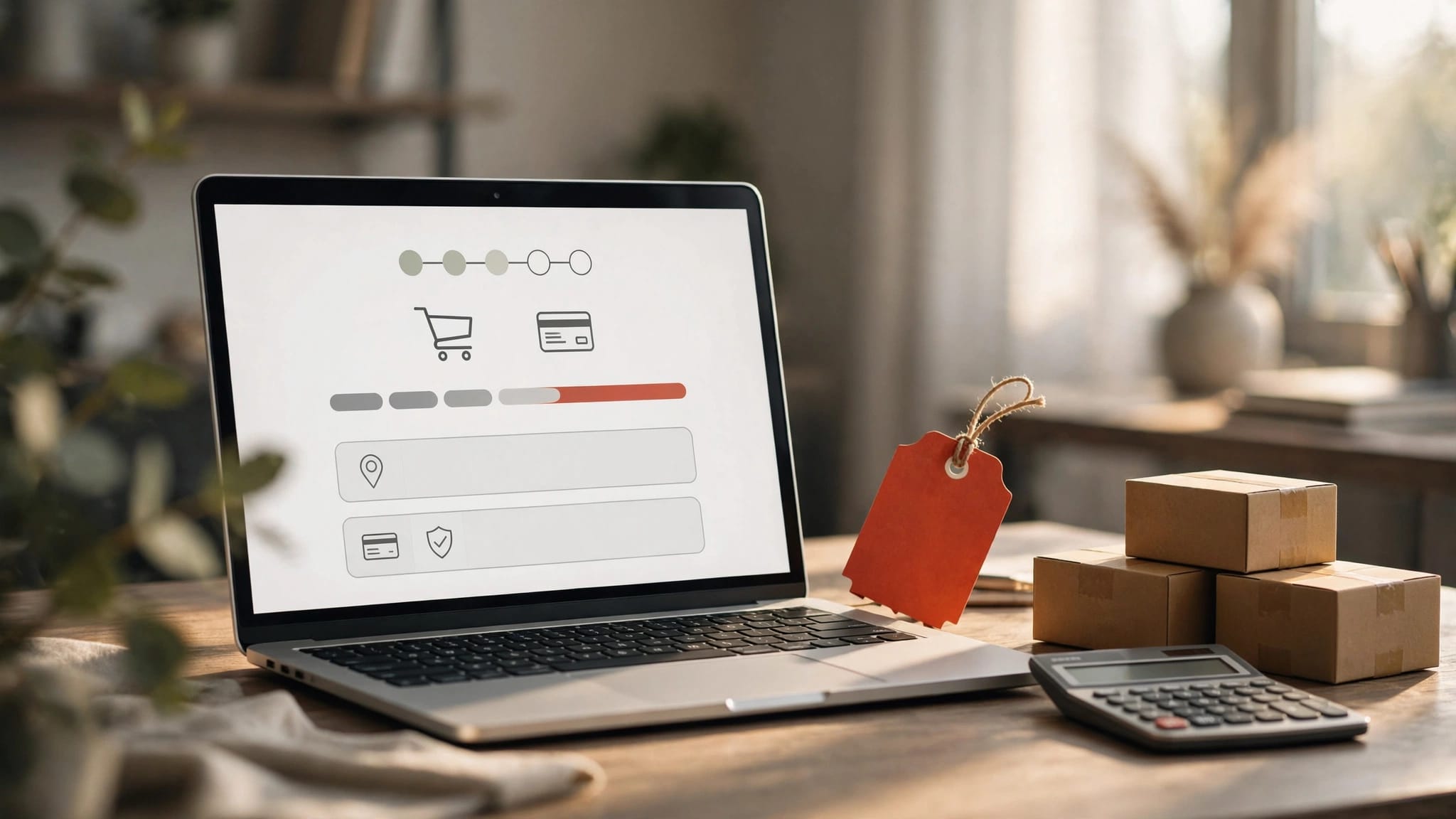Portatile con checkout, cartellino promozionale, calcolatrice e scatole ordinate.