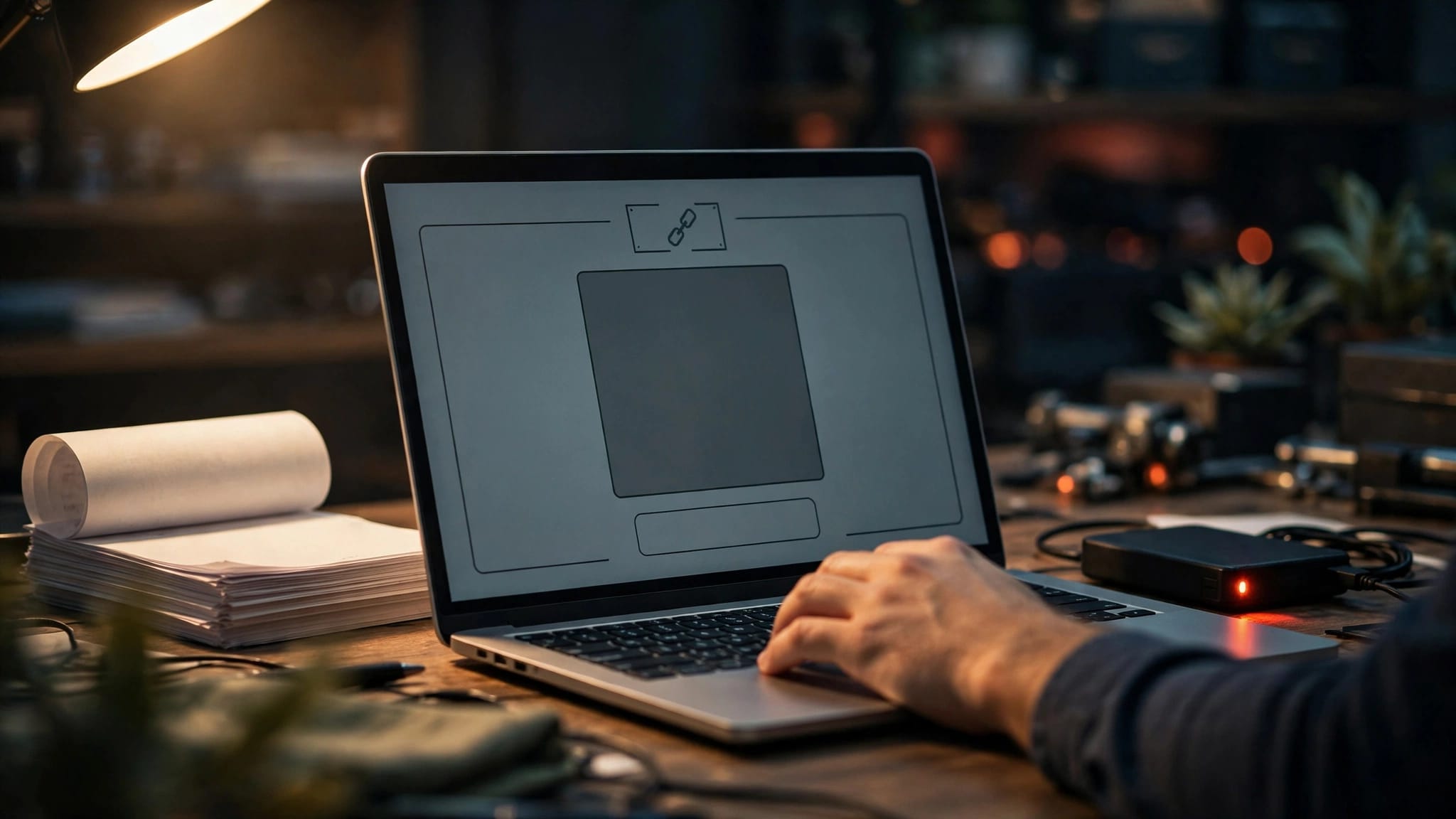Un portatile con una schermata d’errore accanto a un registro e a un disco di backup.