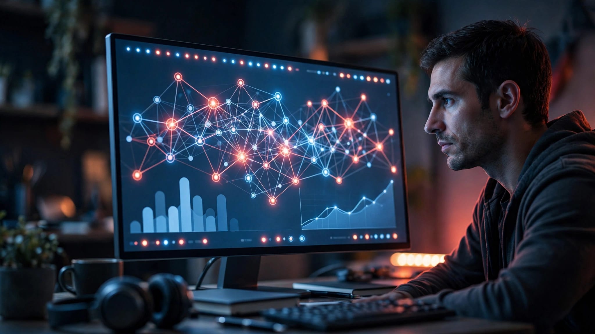 Un analista SEO esamina grafici e pagine collegate su un monitor illuminato.