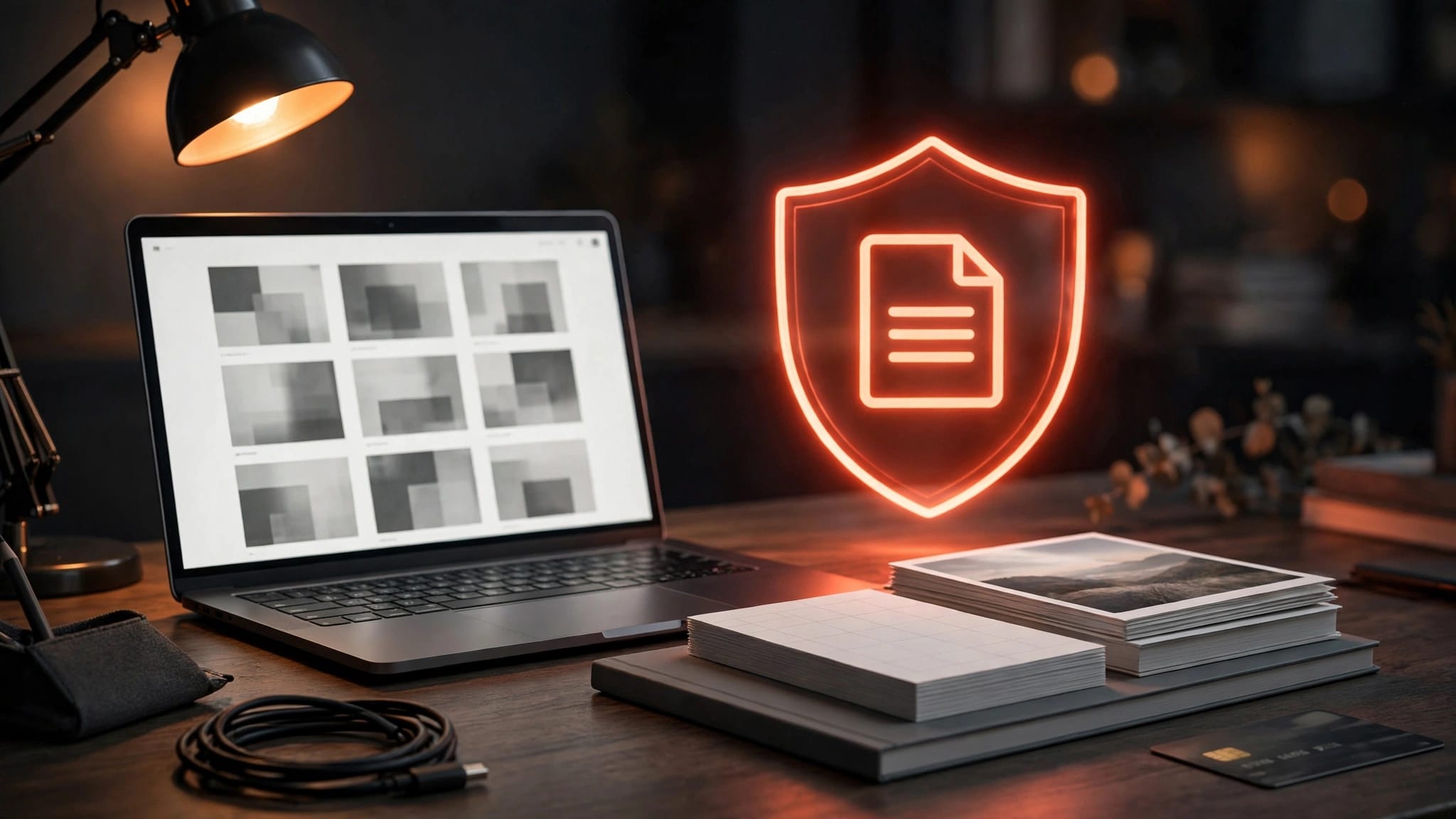 Laptop con prodotti digitali, icona di download protetto e carta di pagamento.
