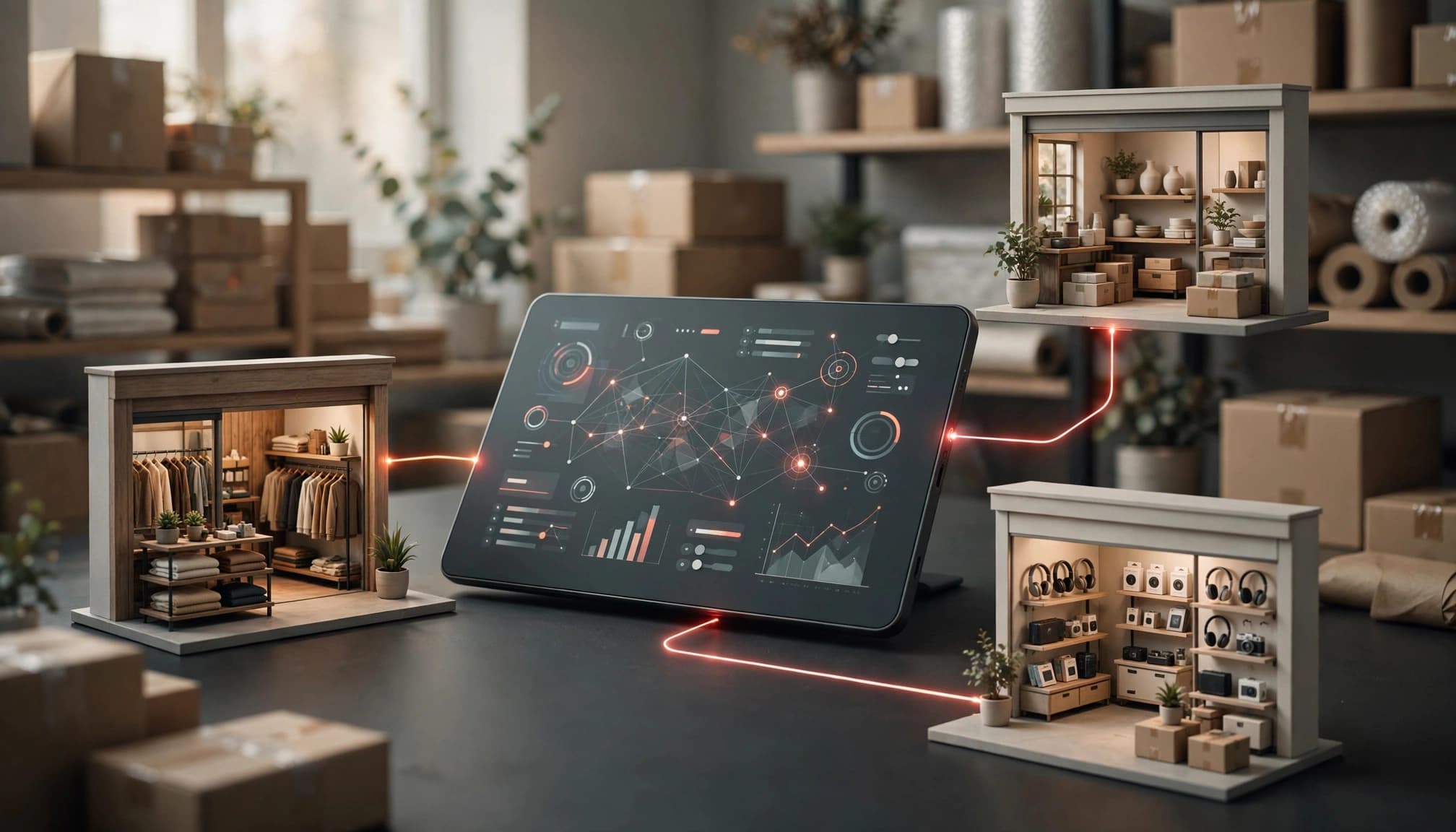 Un tablet centrale collegato a tre mini-negozi online in uno studio.