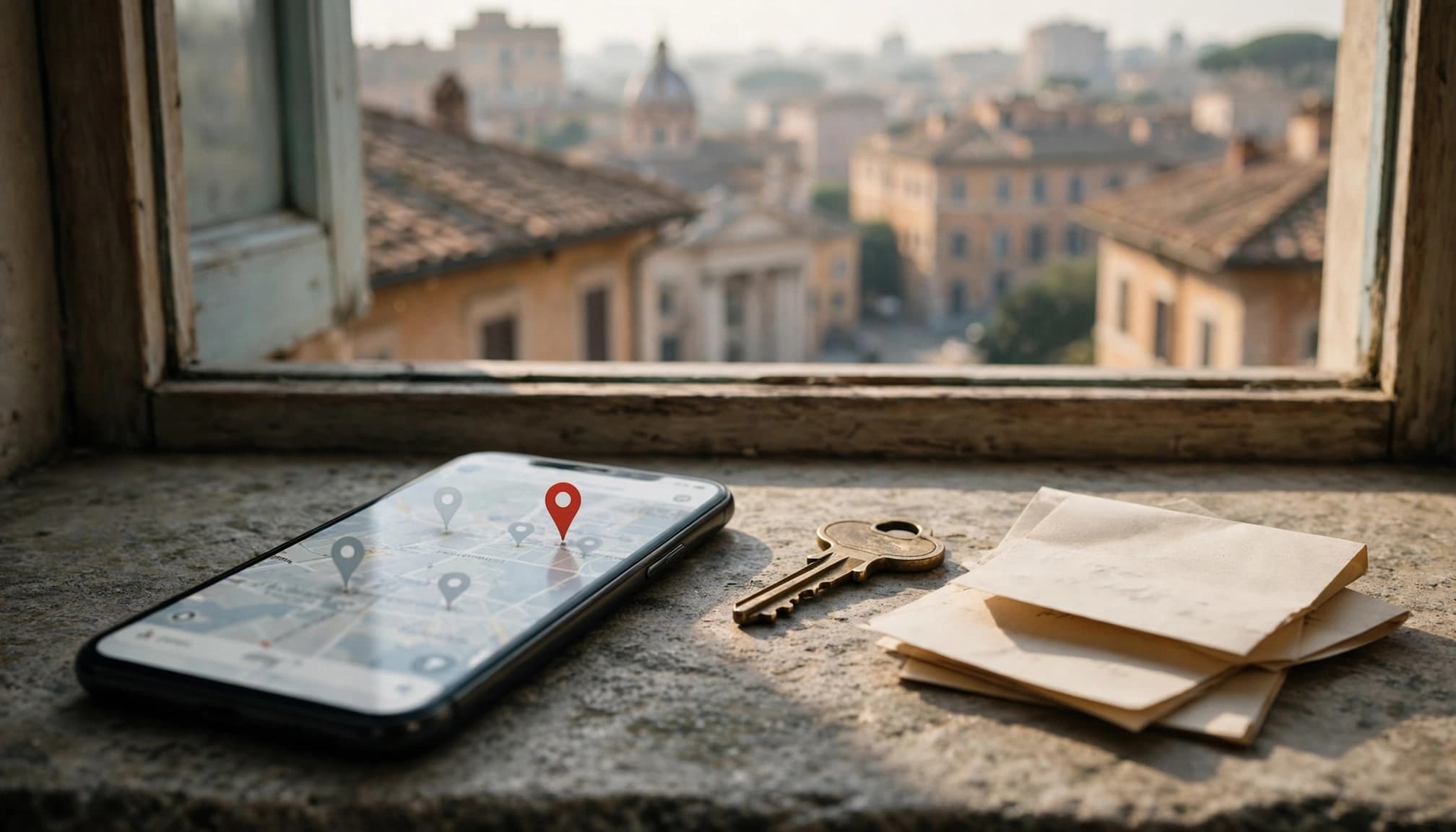Uno smartphone con una mappa e un segnaposto rosso accanto a una chiave.