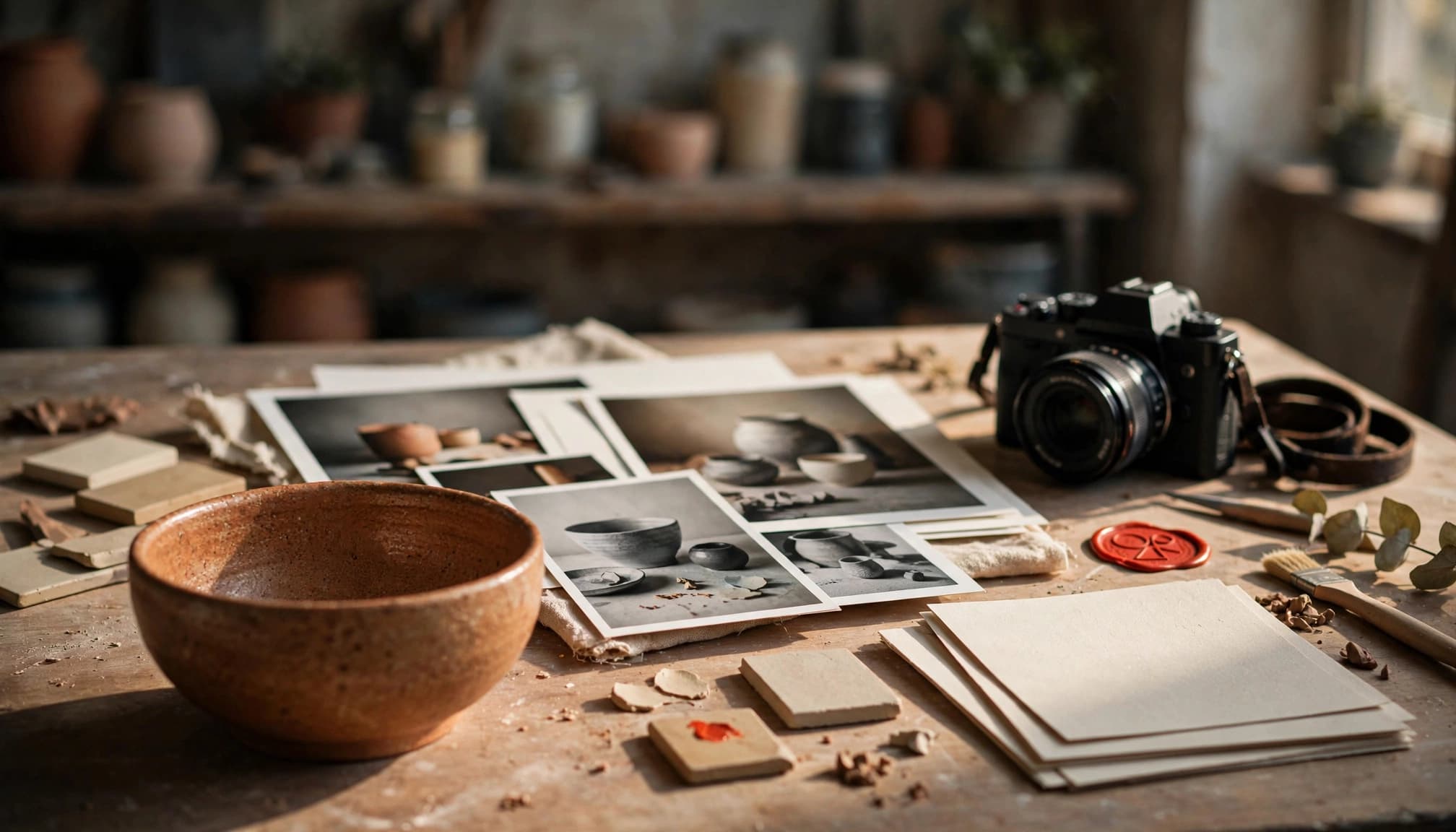 Una ciotola di ceramica, stampe fotografiche, una fotocamera e campioni su un banco di lavoro.