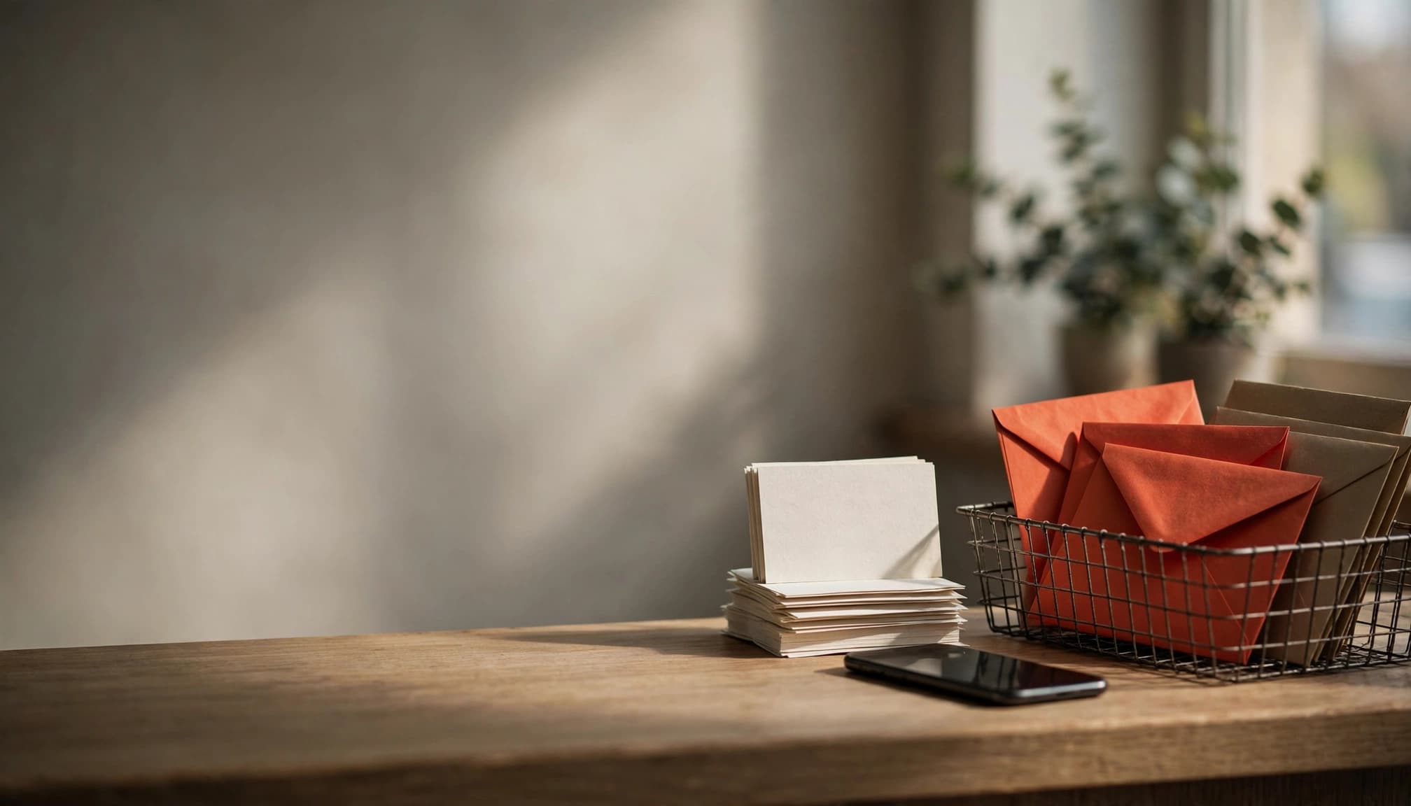 Una scrivania con un mazzetto di carta, uno smartphone e buste rosse in un cestino.