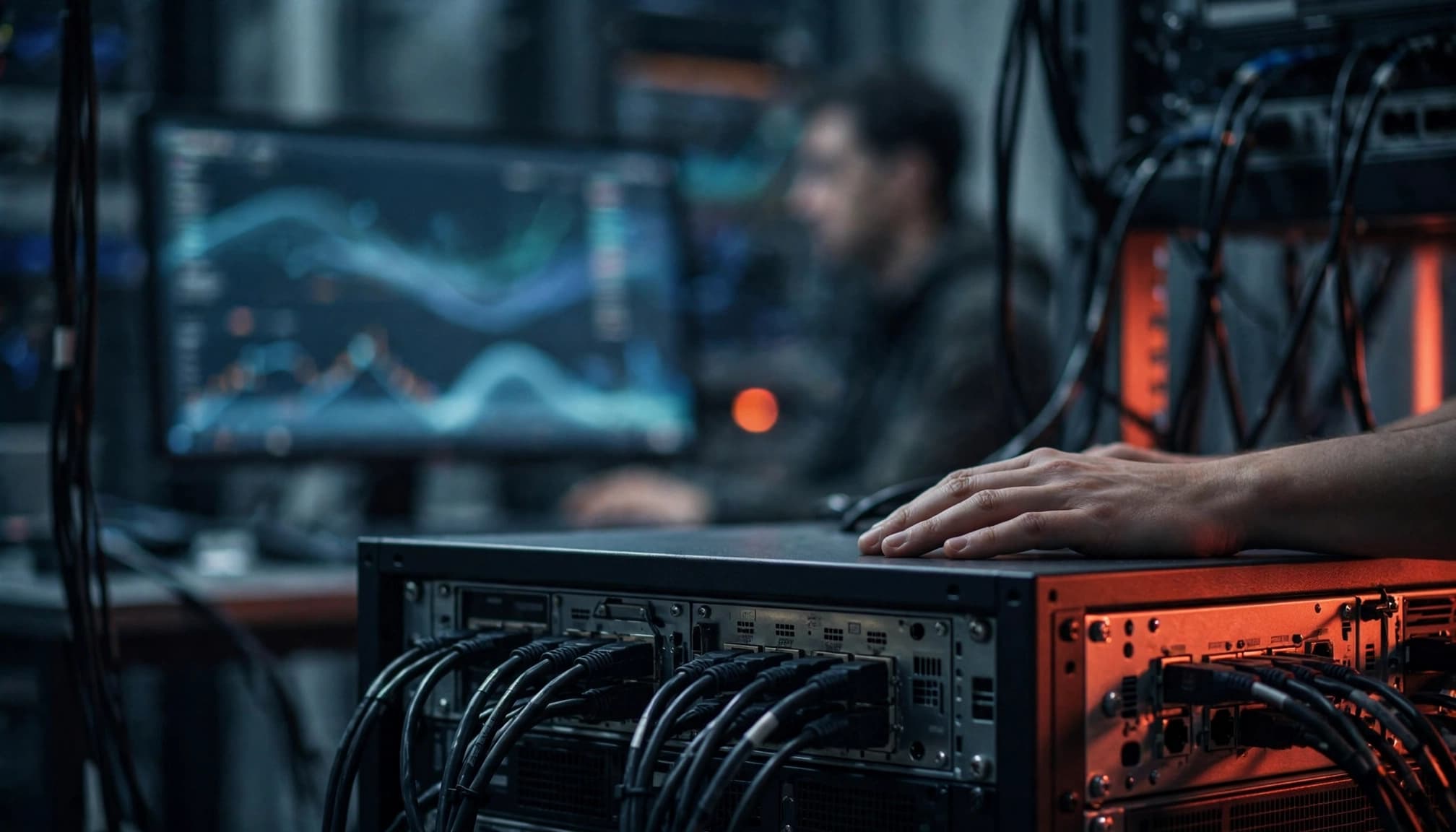 Mani di un tecnico poggiate su un rack di server con uno schermo sfocato sullo sfondo.