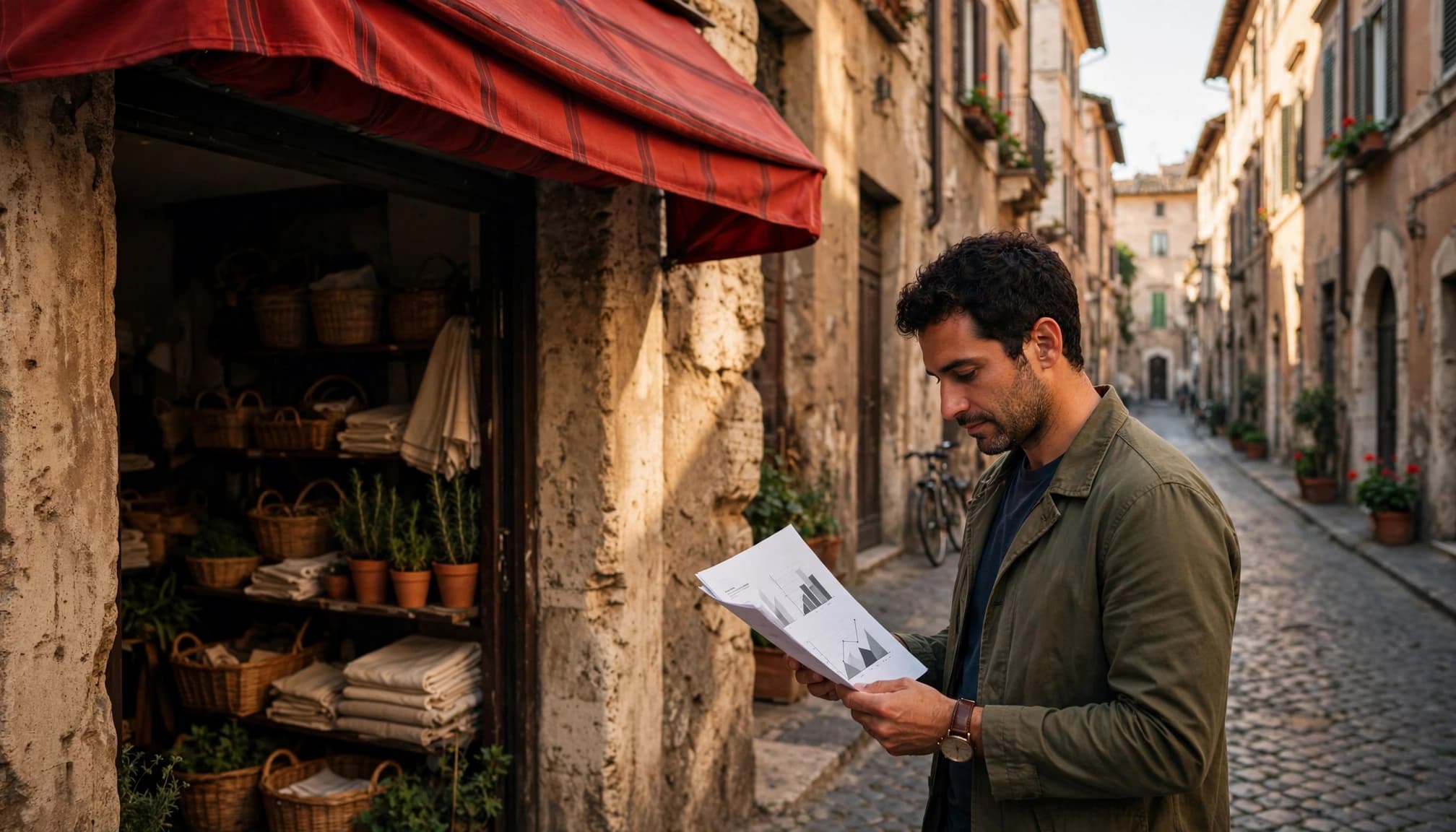 Un titolare consulta un foglio davanti alla sua bottega in una strada di Roma.