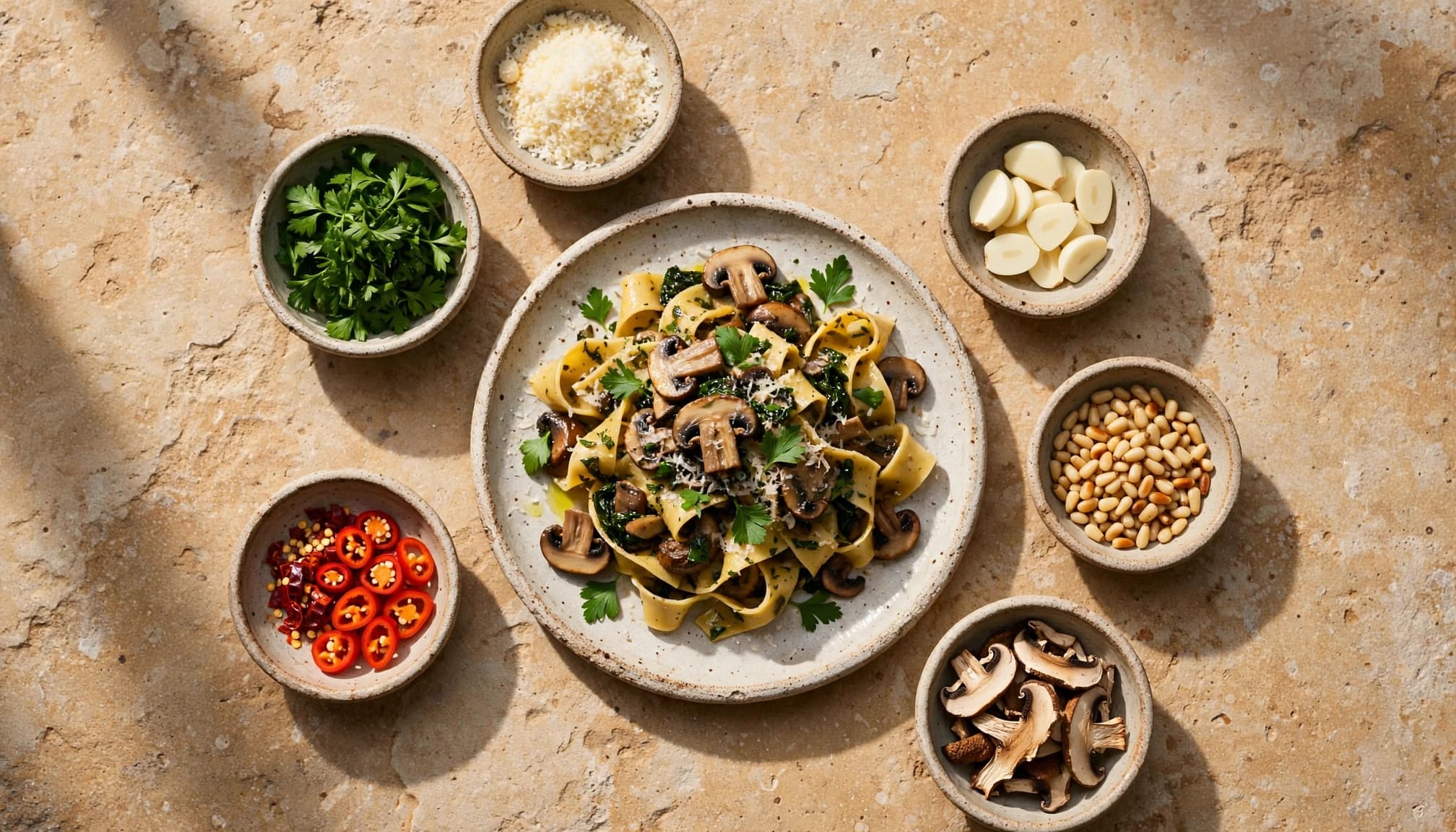 Piatto di pasta con funghi circondato da ciotole con ingredienti freschi.
